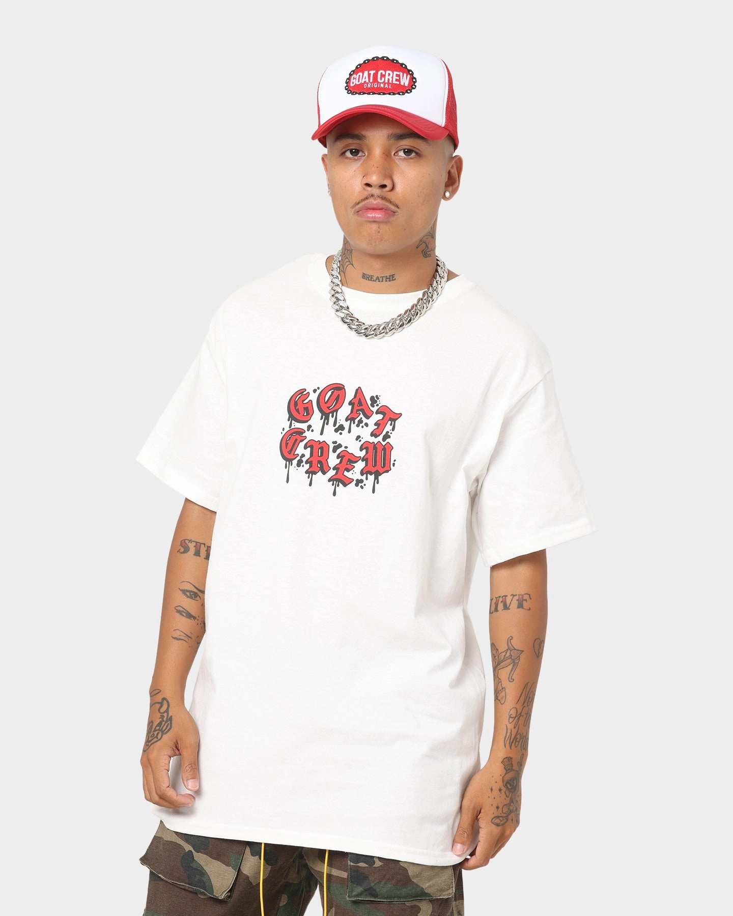 Goat Crew Drip Logo T-Shirt White/Red Oversized Cut