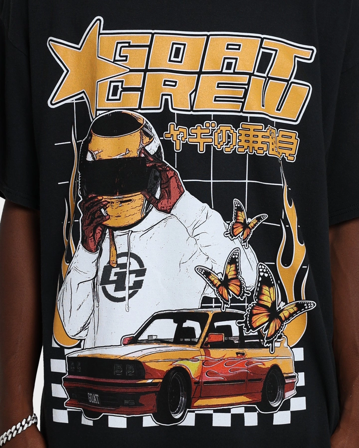 Heathered Fabric Casual Comfort Fit Goat Crew Flaming Racer Vintage T-Shirt Black Wash