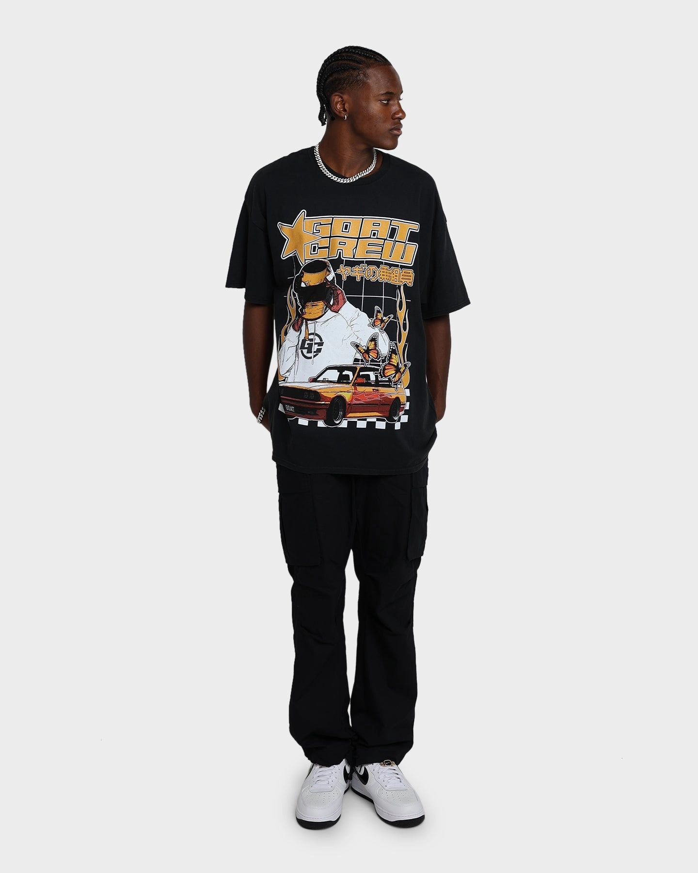 ColorfastFabricTech Distressed Hem Finish Goat Crew Flaming Racer Vintage T-Shirt Black Wash