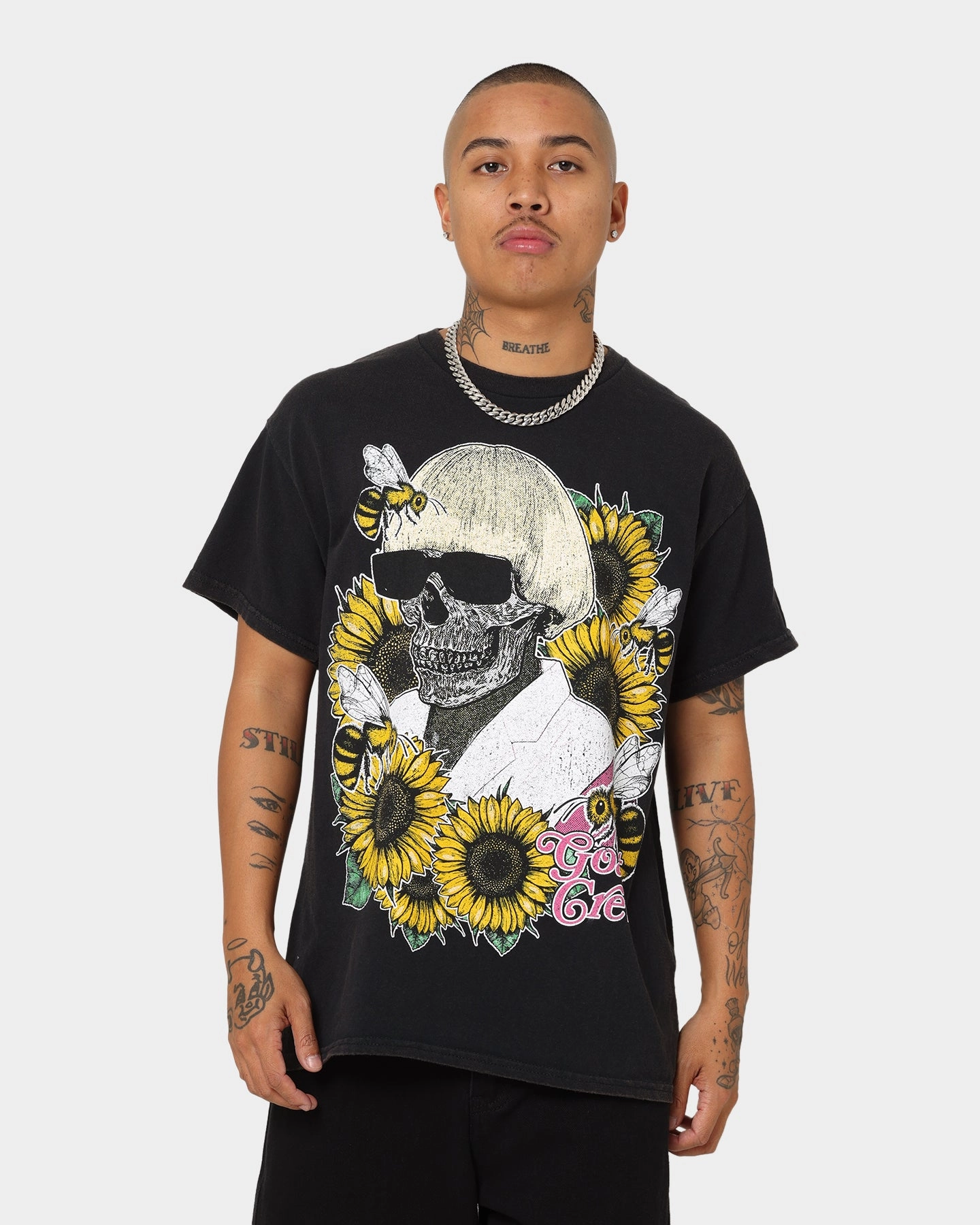 Breathable Design Goat Crew Flower Skull Vintage T-Shirt Black Wash