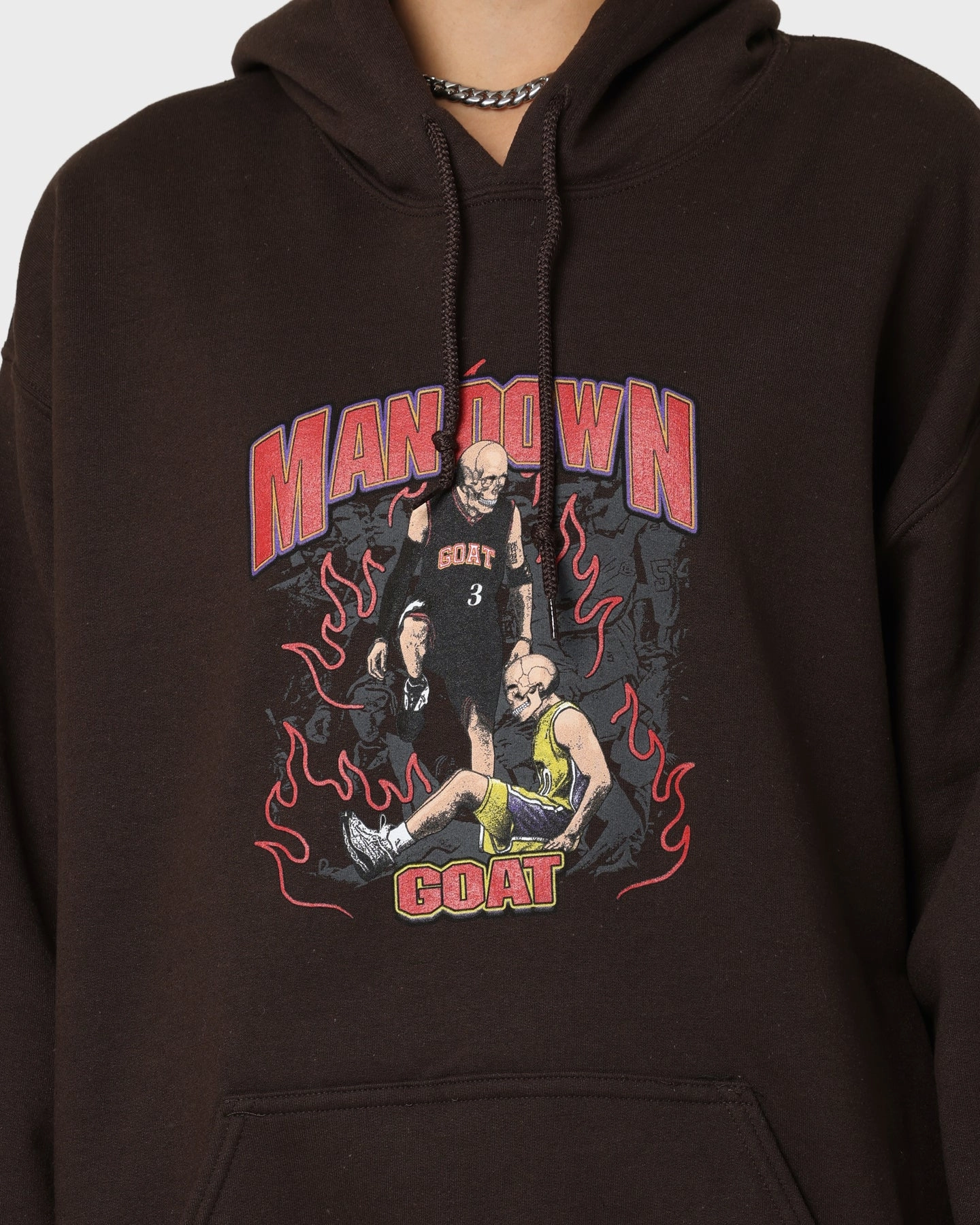 Layered Security Pockets Goat Crew Man Down Hoodie Brown