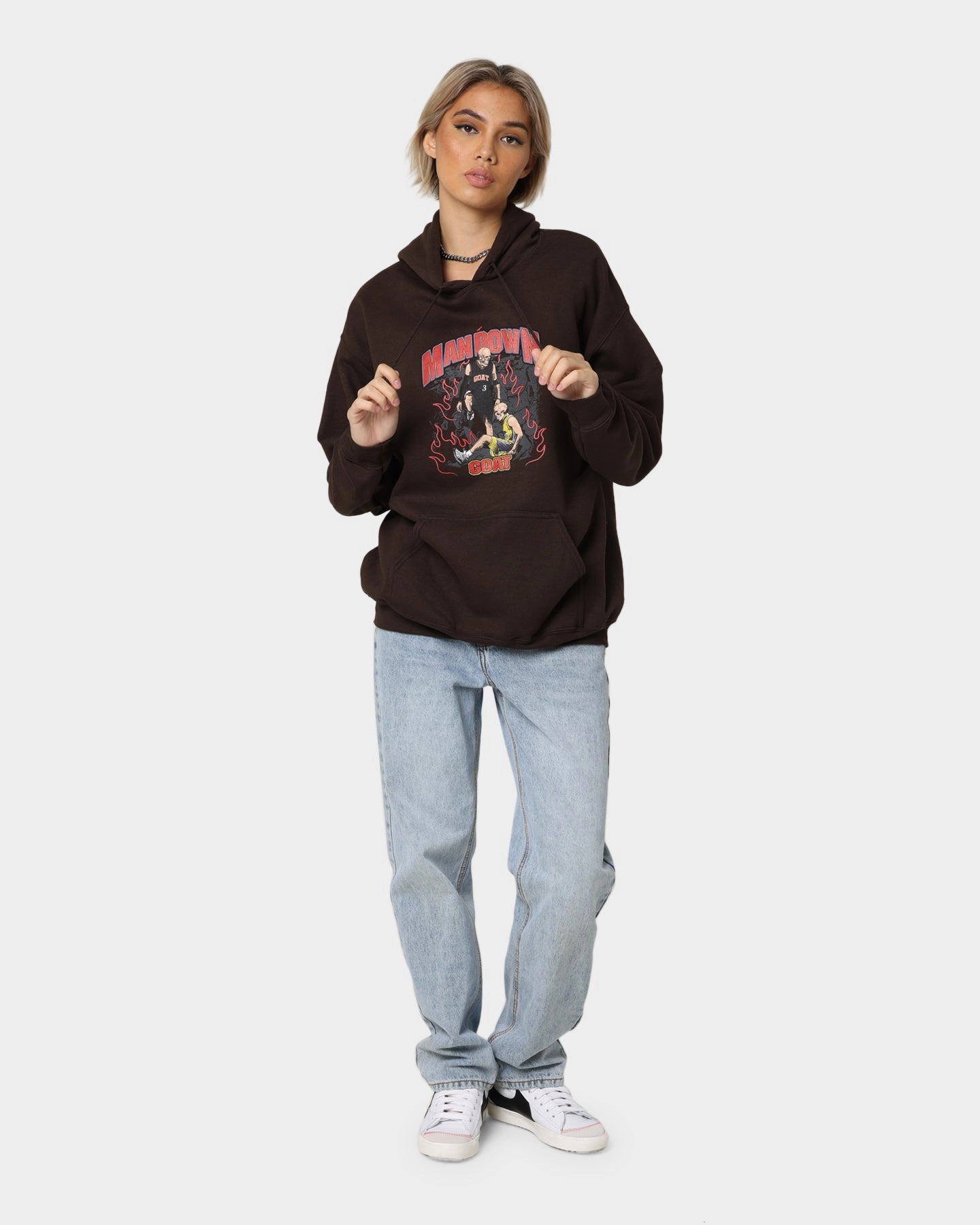 waist length Badge Goat Crew Man Down Hoodie Brown