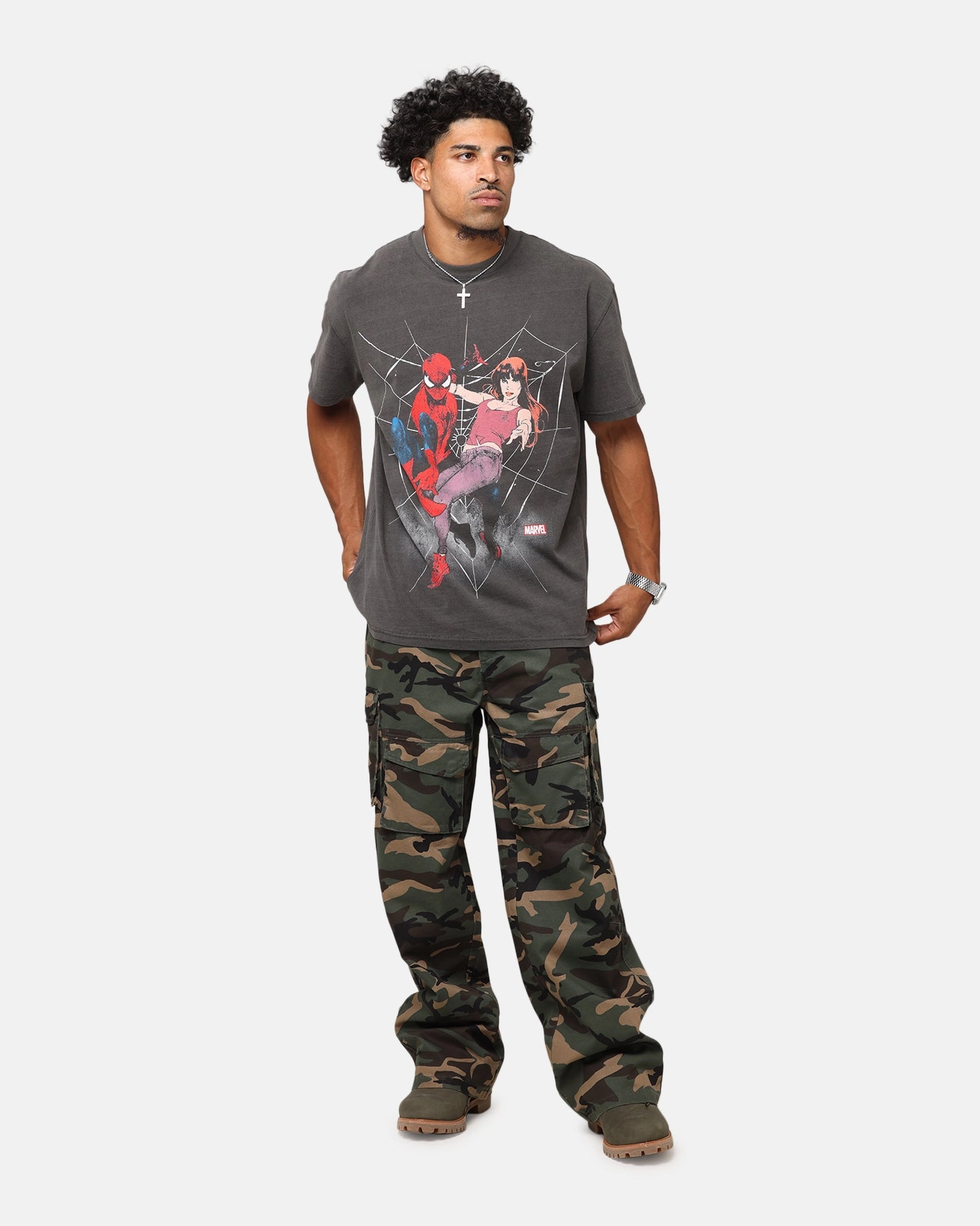 Formal Occasion Non Restrictive Silhouette Goat Crew Marvel??s Spider-Man Peter Parker & MJ Heavyweight T-Shirt Black Wash