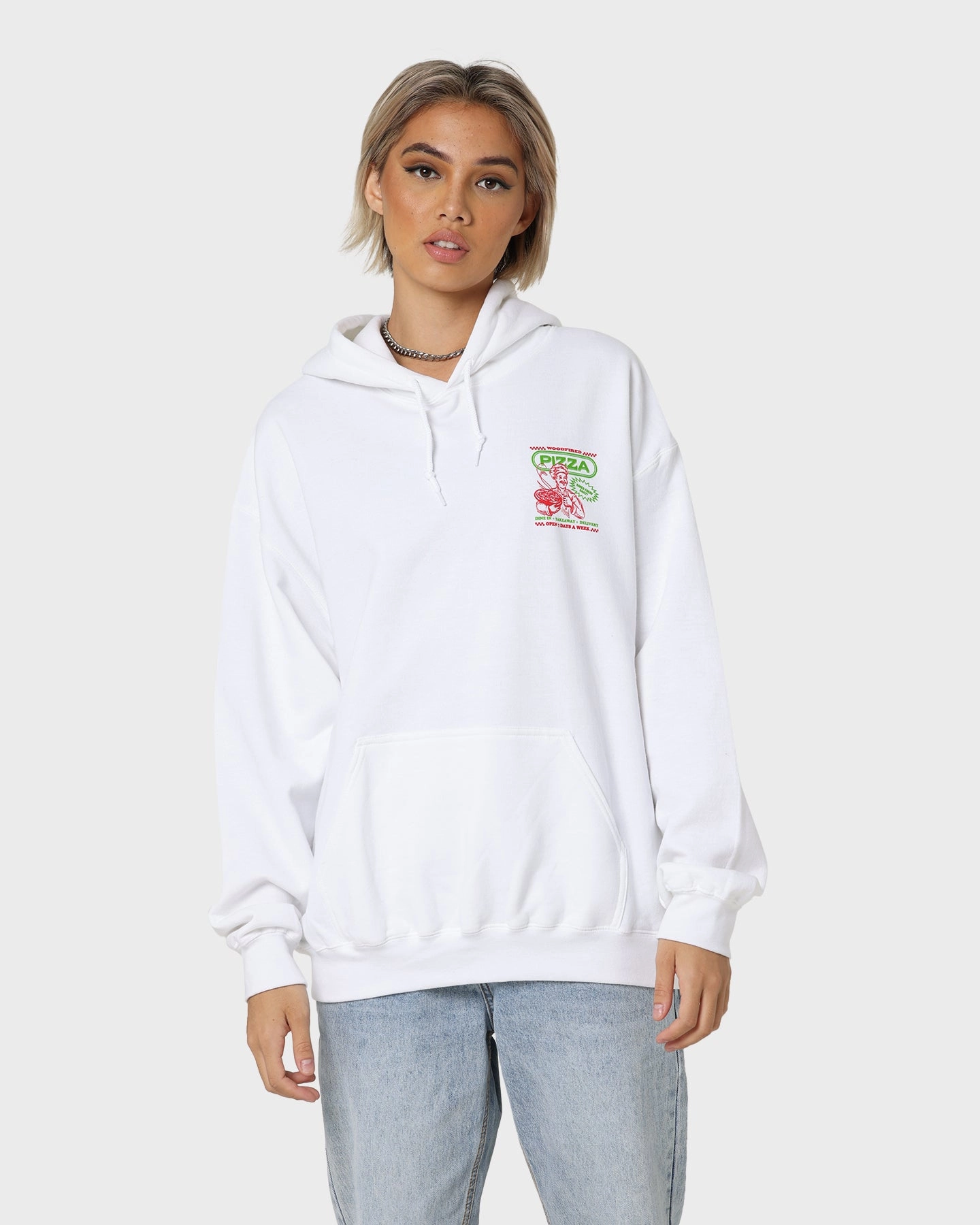 petite size Goat Crew Pizza Shop Hoodie White