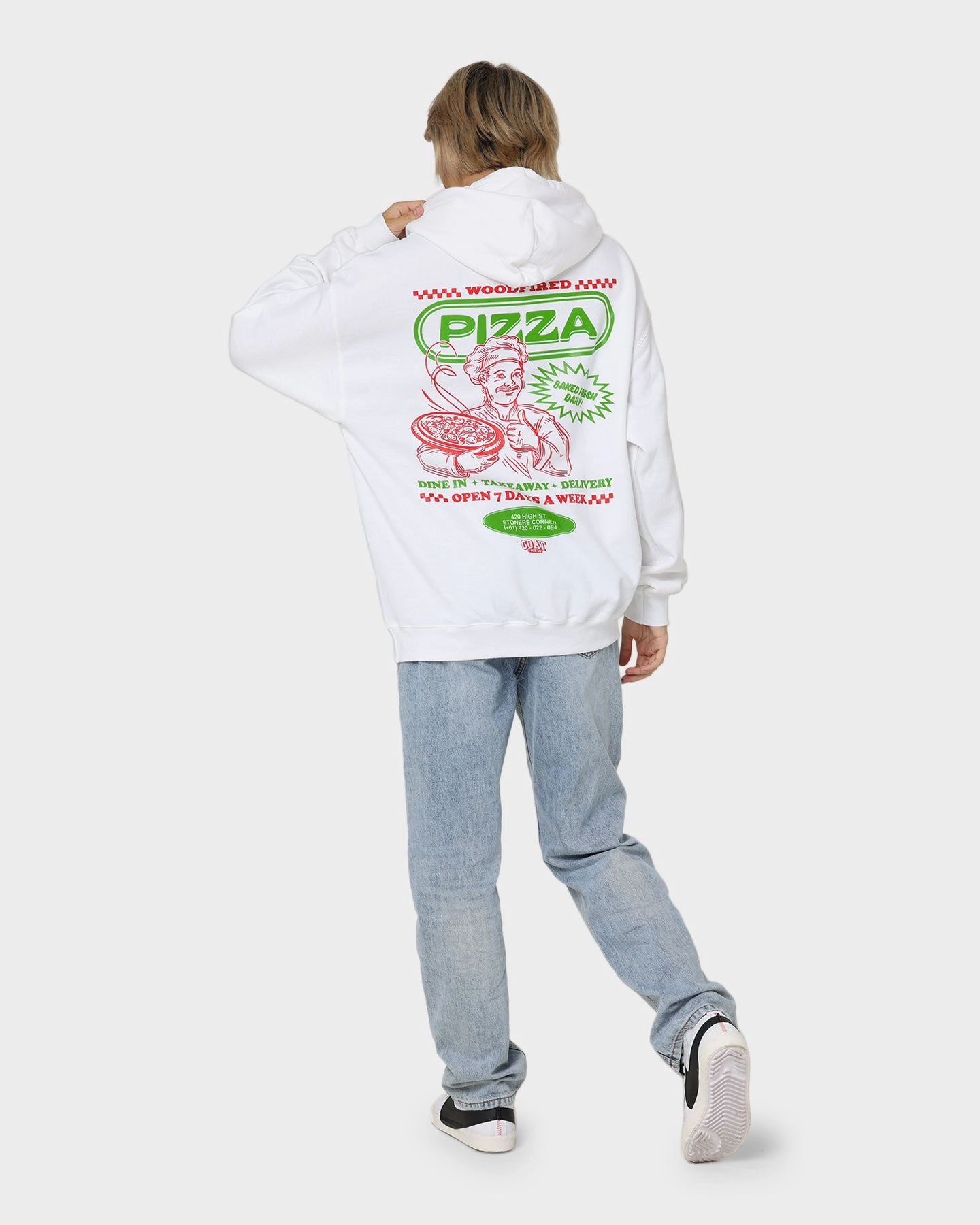 suitable for solo travel Goat Crew Pizza Shop Hoodie White