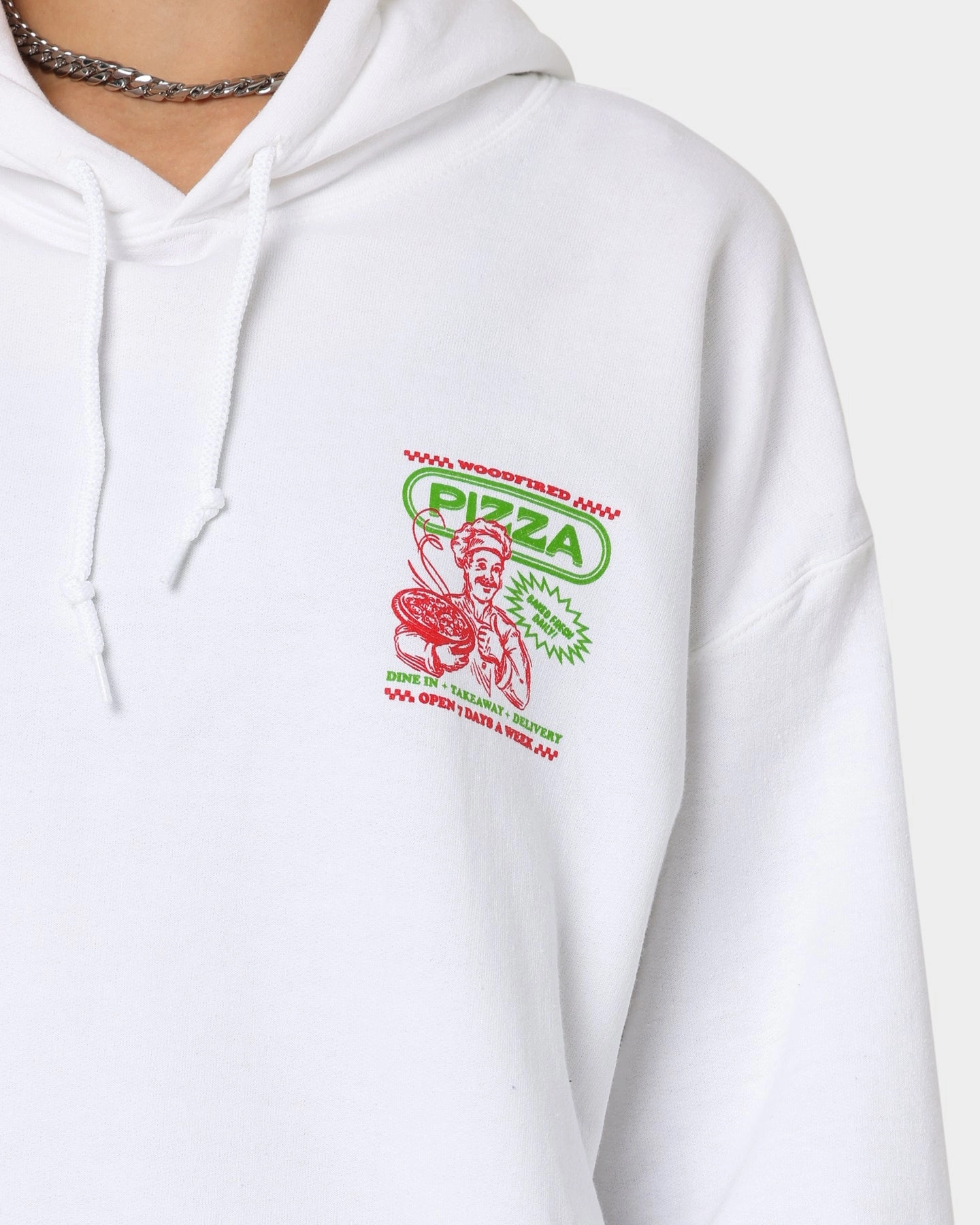 Comfortable fit Variable Baffle Sizing Goat Crew Pizza Shop Hoodie White