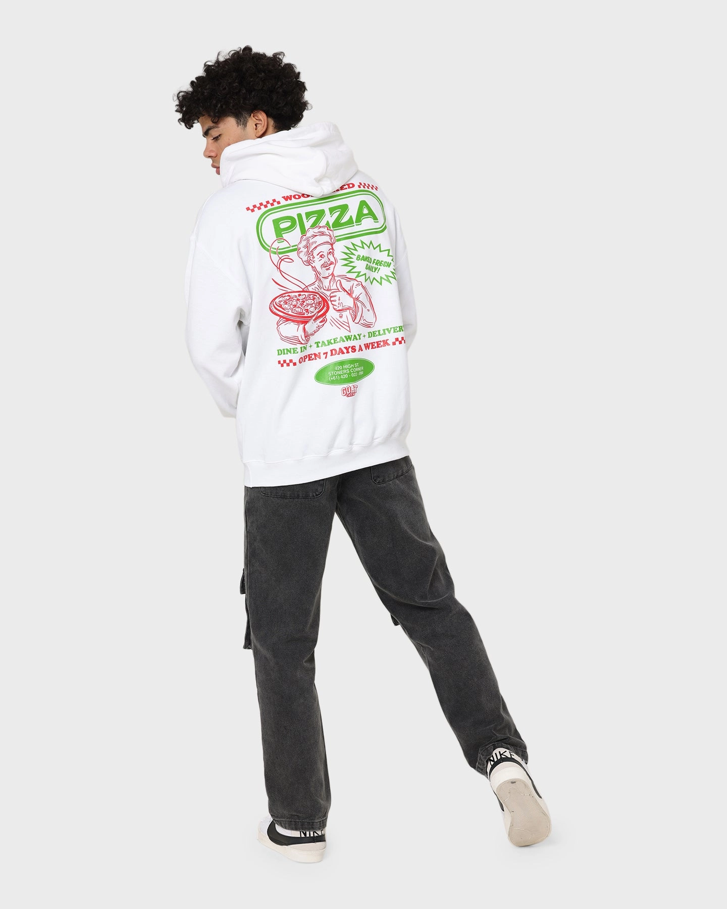 Articulated Sleeves Stylish Warmth Goat Crew Pizza Shop Hoodie White