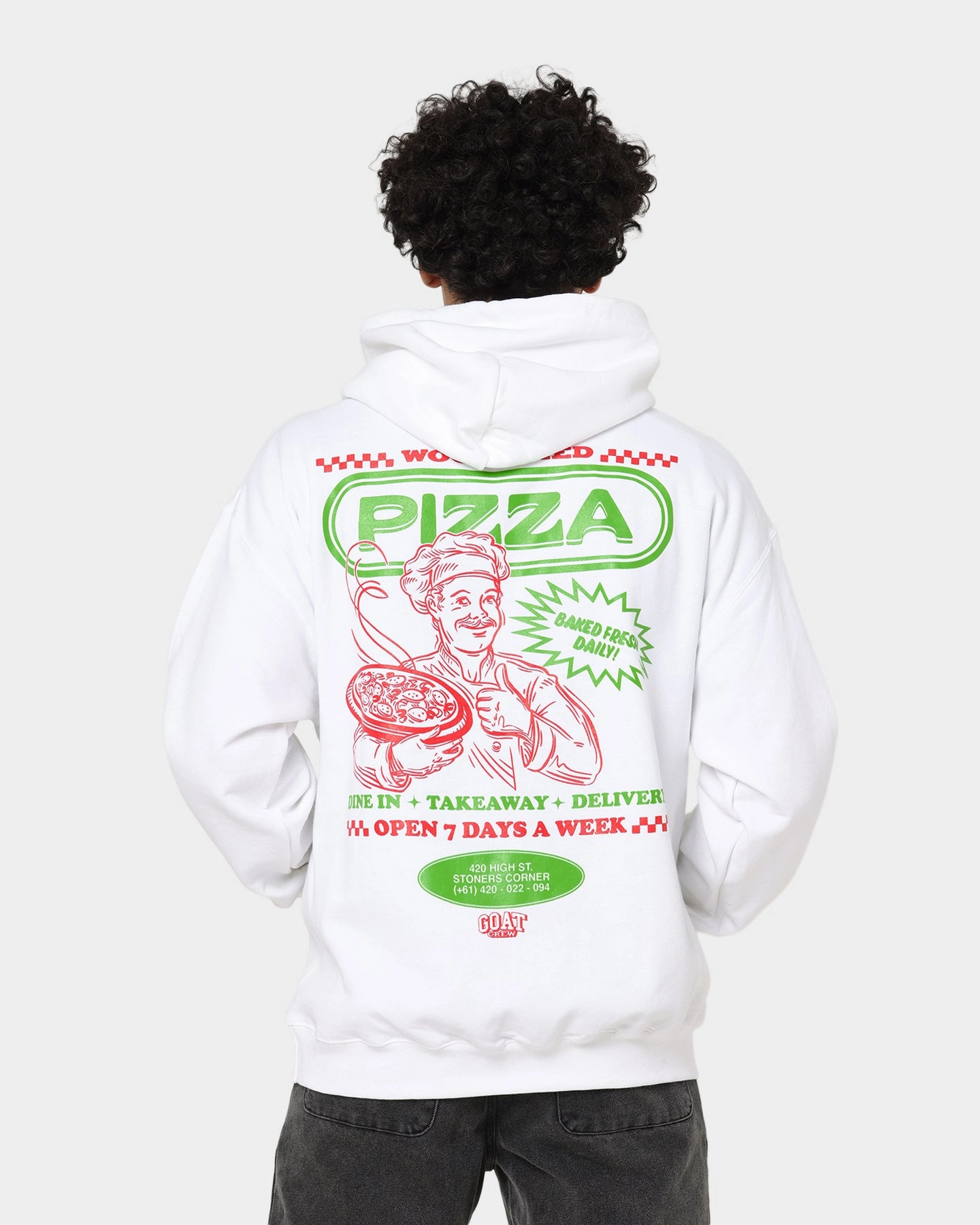 Goat Crew Pizza Shop Hoodie White Non Chafing Edges Convertible Design