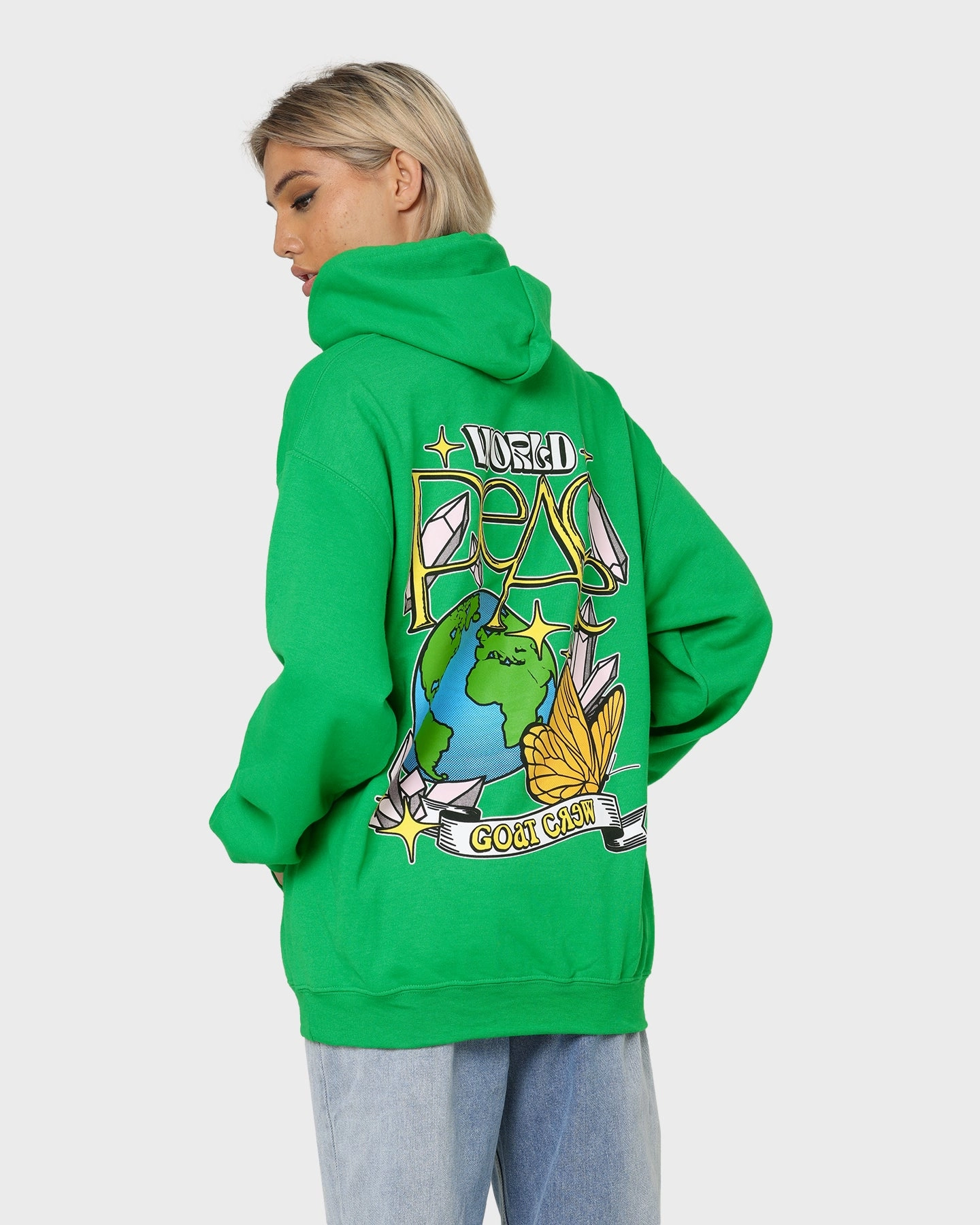 Teflon Coated Fabric Weekend Fit Goat Crew World Peace Hoodie Green