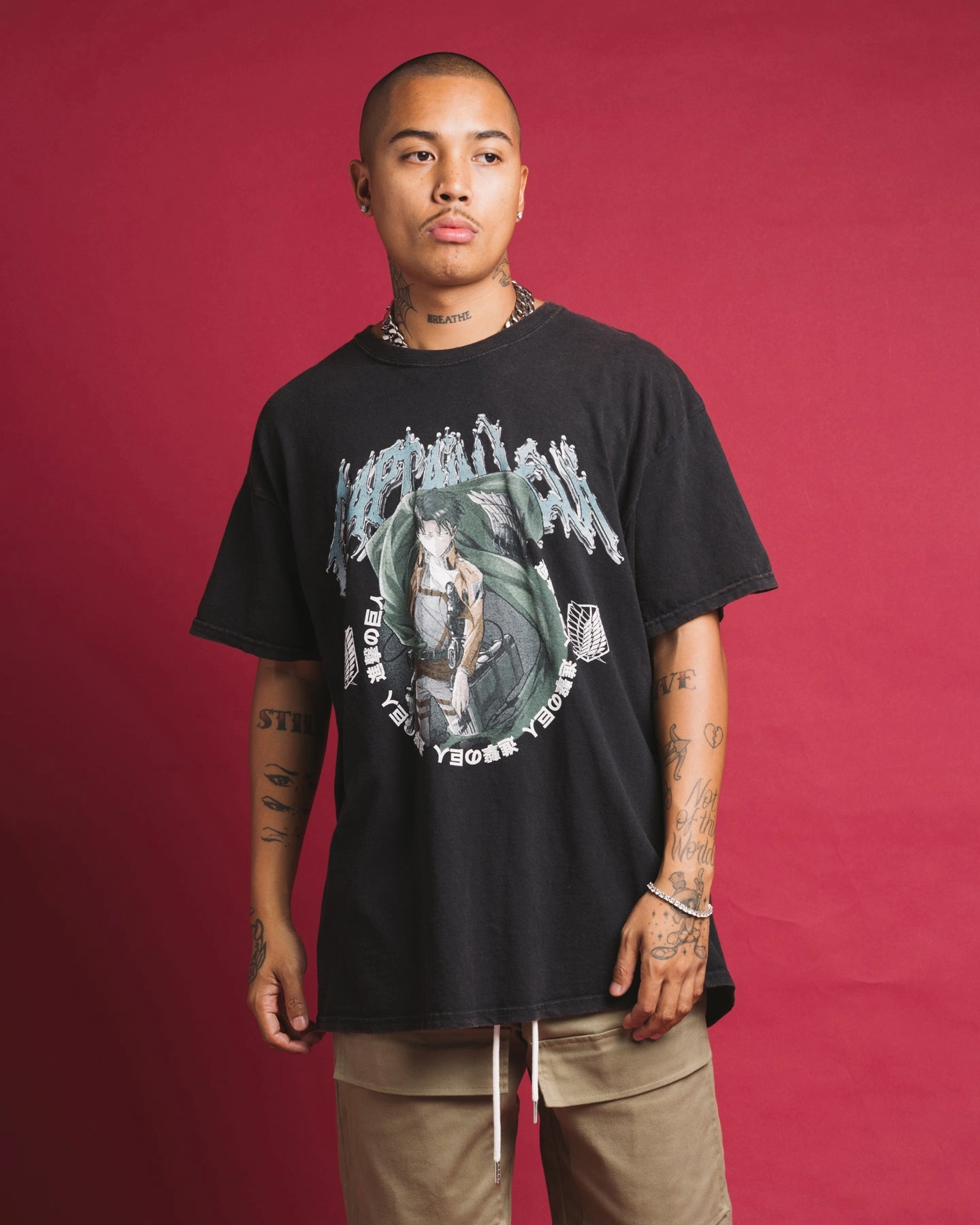 Functional Fashion High Durability Weave Goat Crew X Attack On Titan Captain Levi Vintage T-Shirt Black Wash