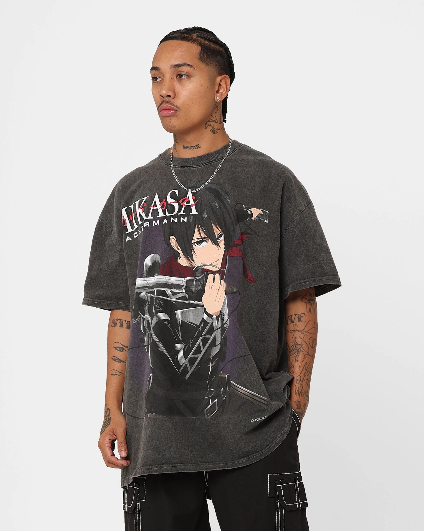 Washable Goat Crew X Attack On Titan Mikasa Vintage Heavyweight T-Shirt Black Wash