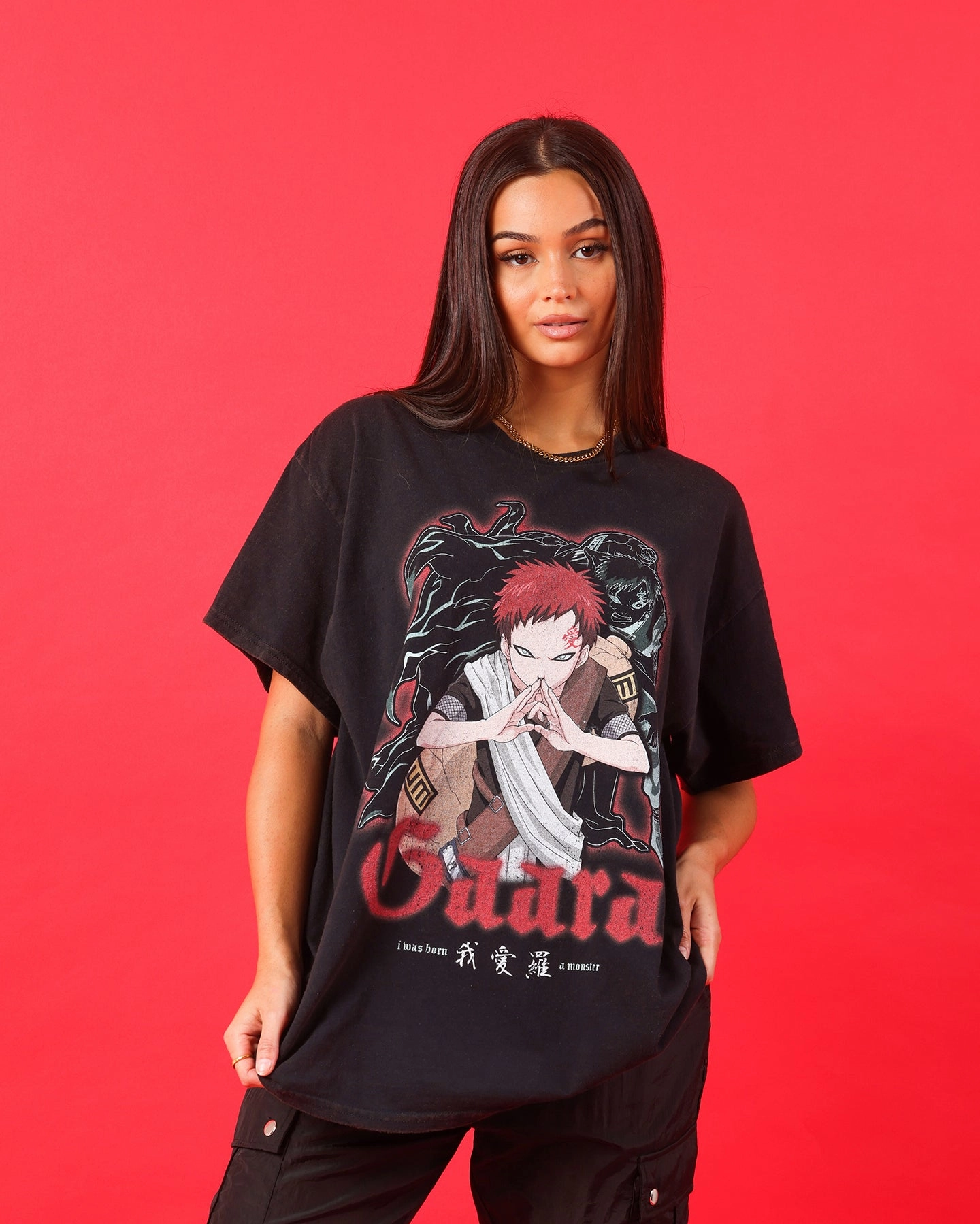 Sporty Fashion Anti Static Fabric Goat Crew X Naruto Gaara Vintage T-Shirt Black Wash