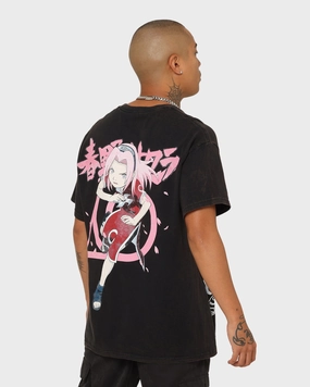 Goat Crew X Naruto Sakura CLR Vintage T-Shirt Washed Black Embroidered Details Lightweight Comfort Wear