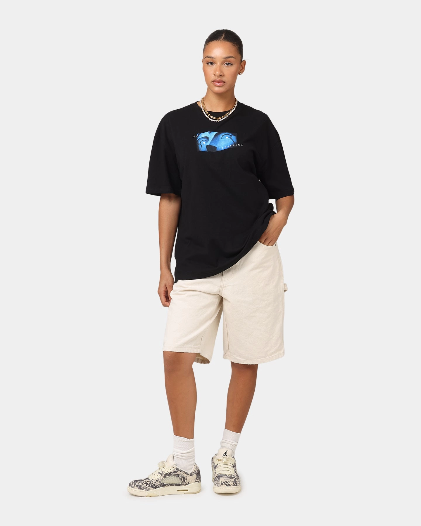 Sporty Look Breathable Material Goat Crew X Solo Leveling Statue Of God Heavy T-Shirt Black