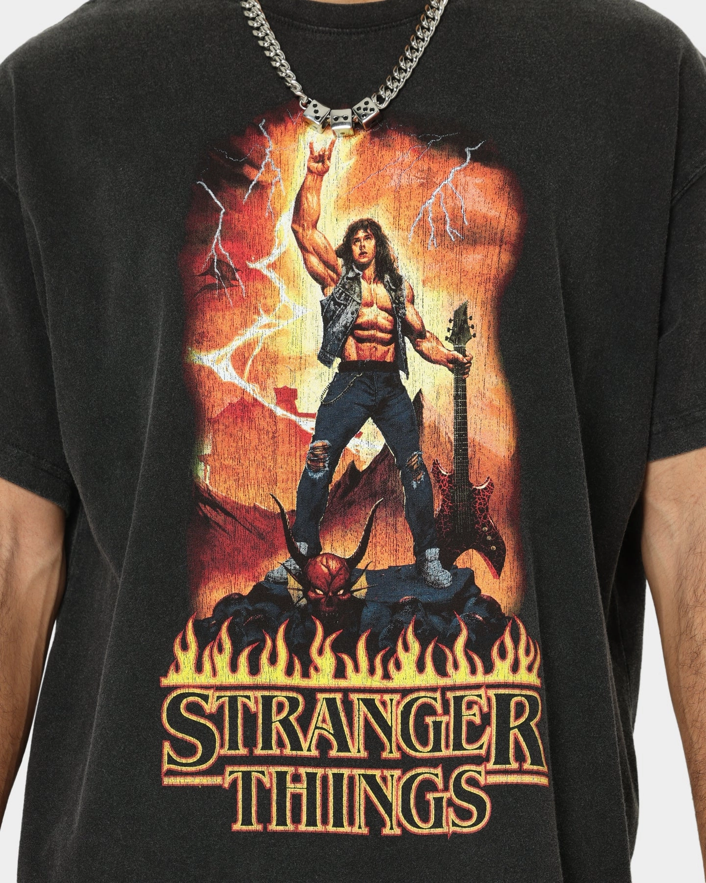 Ultra Soft Blended Textile TexturedWeavePattern Goat Crew X Stranger Things Metal Vintage T-Shirt Vintage Black