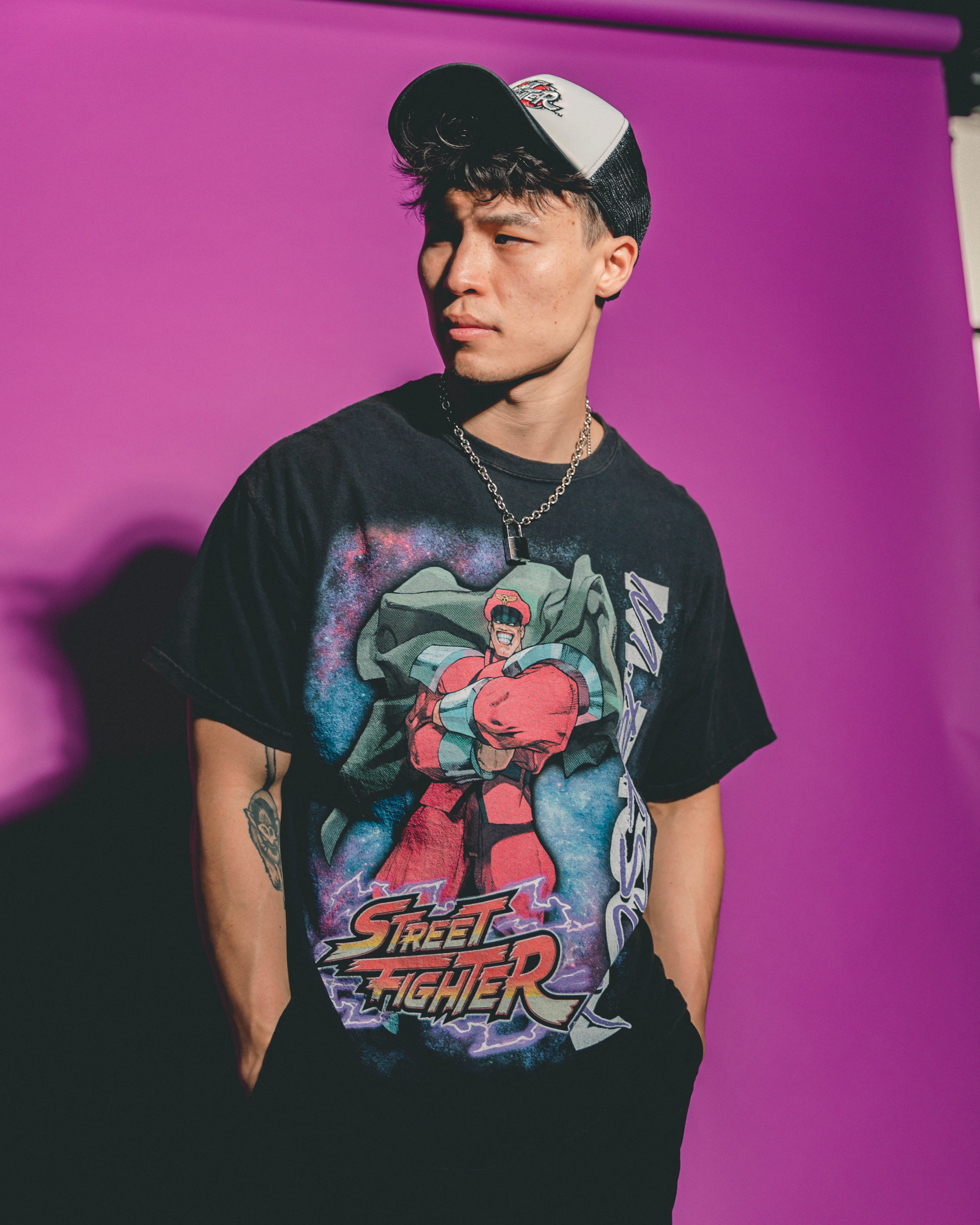 Circular Knit Construction Sustainable Packaging Goat Crew X Street Fighter M. Bison Vintage T-Shirt Black Wash