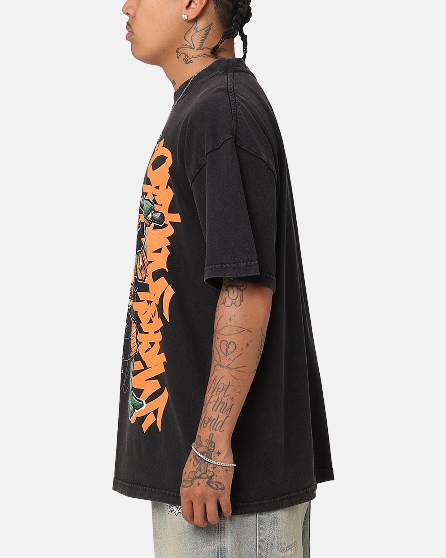NeutralTonesCollection Soft Breathable Goat Crew X Teenage Mutant Ninja Turtles Michelangelo X Sofles Vintage T-Shirt Black Acidwash