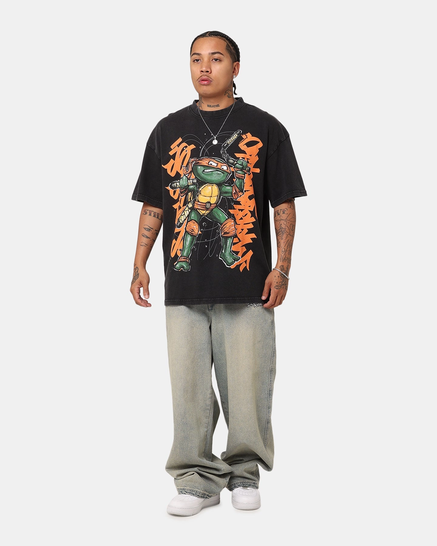 Fresh and Cool Goat Crew X Teenage Mutant Ninja Turtles Michelangelo X Sofles Vintage T-Shirt Black Acidwash