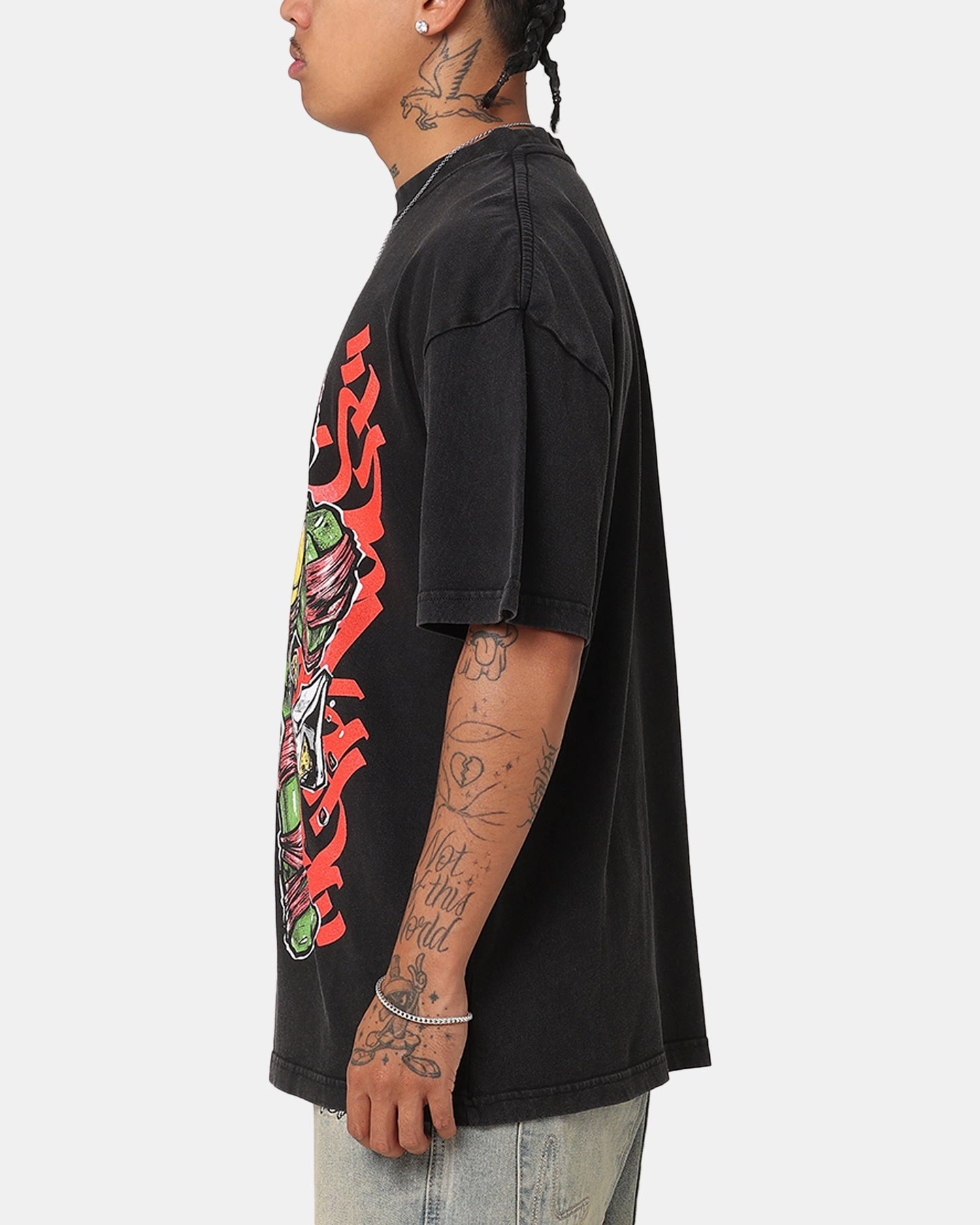 Goat Crew X Teenage Mutant Ninja Turtles Raphael X Sofles Vintage T-Shirt Black Acidwash Durable Collar Construction Sporty Chic