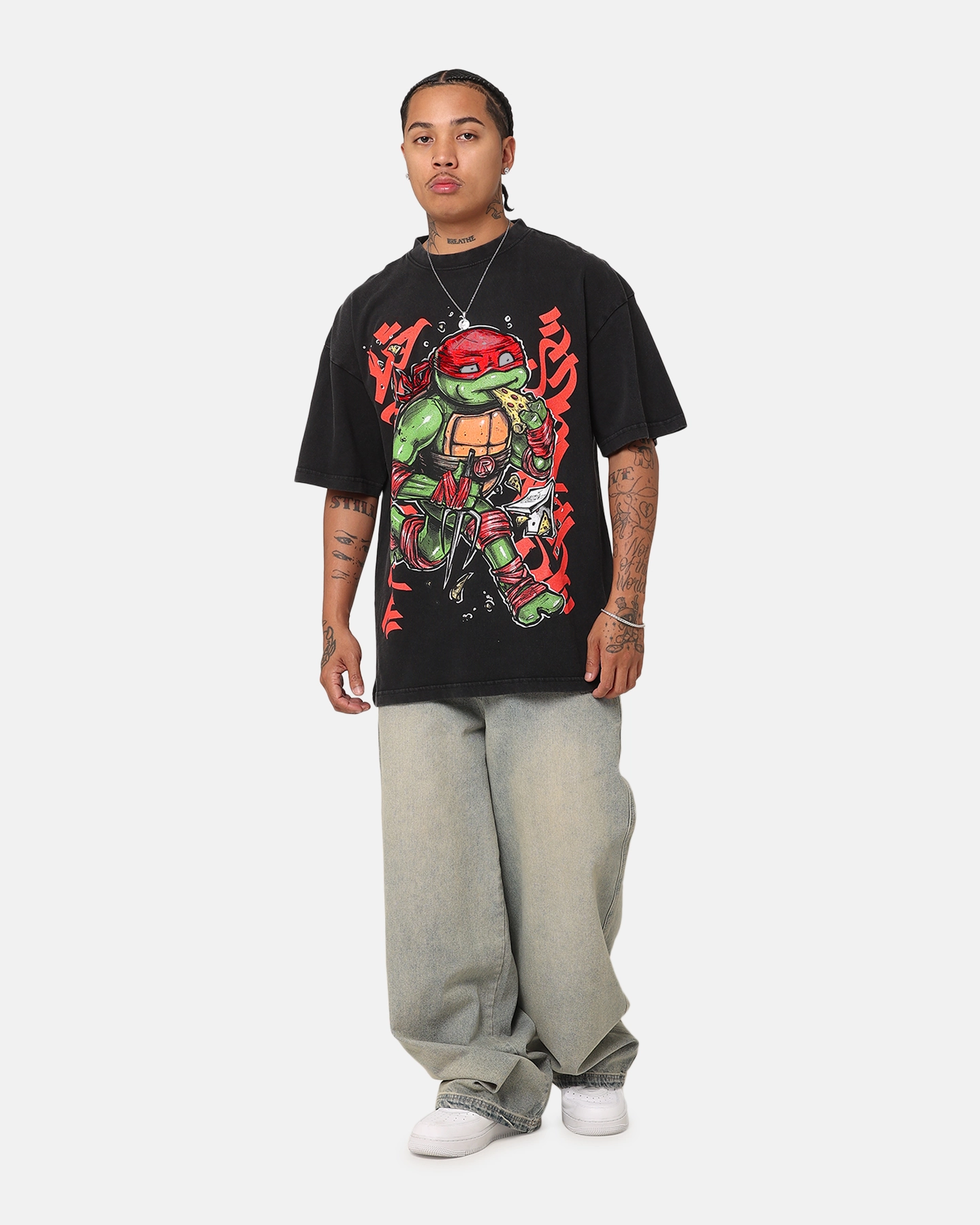 Textured Surface Goat Crew X Teenage Mutant Ninja Turtles Raphael X Sofles Vintage T-Shirt Black Acidwash