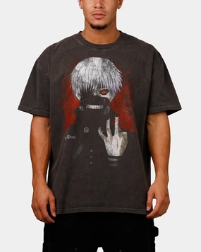 Distressed Hem Finish Goat Crew X Tokyo Ghoul Kaneki Vintage T-Shirt Black Acidwash