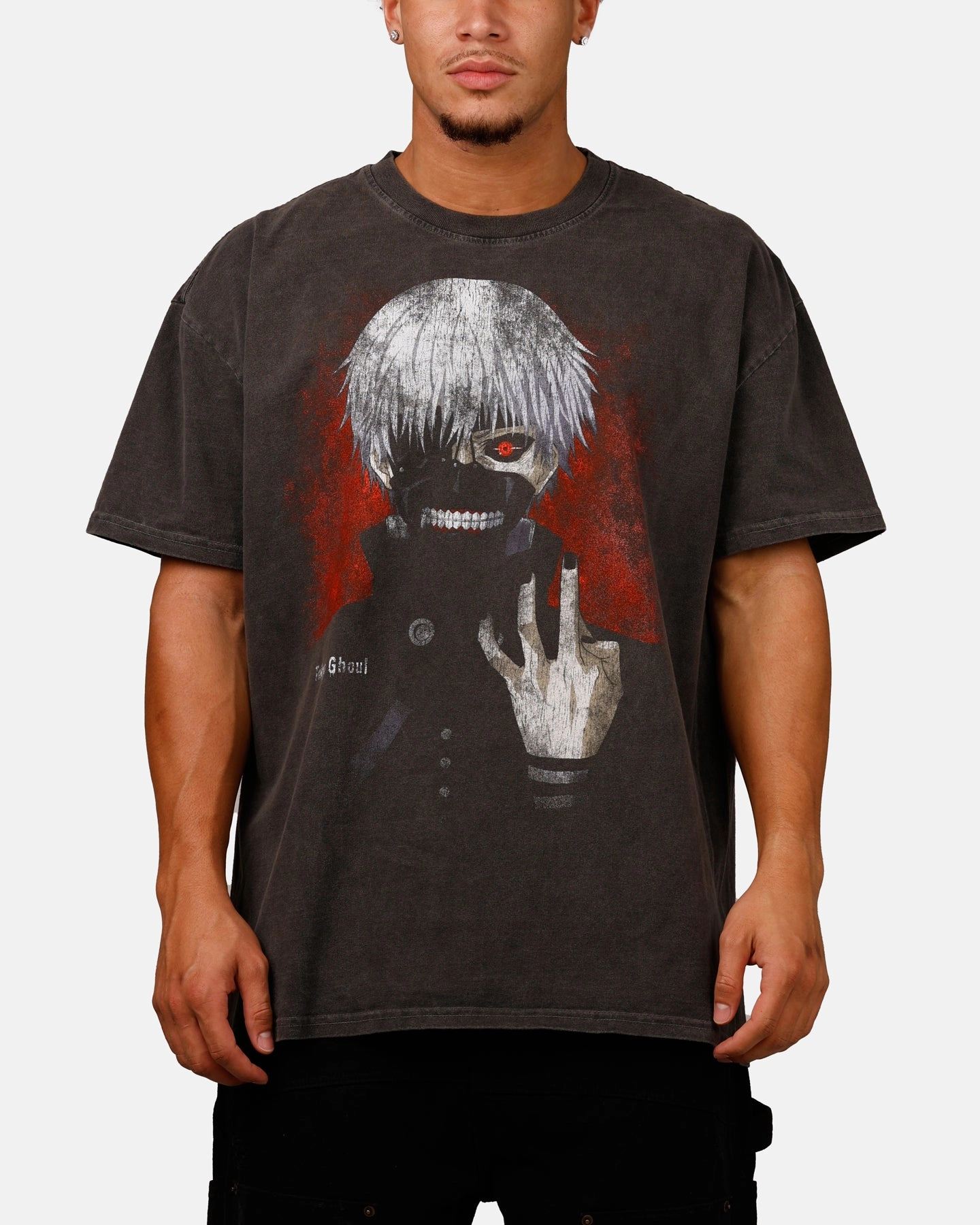 Distressed Hem Finish Goat Crew X Tokyo Ghoul Kaneki Vintage T-Shirt Black Acidwash
