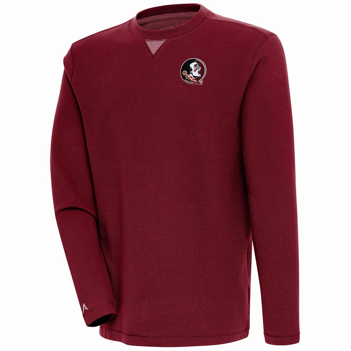 YarnDyed Construction Antigua Men's Seminole Logo Long Sleeve Ribbed Crew Pullover - Garnet