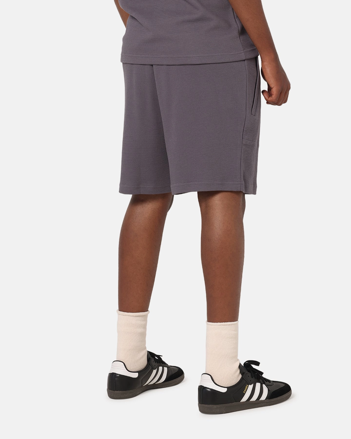 Adidas Trefoil Essentials Waffle Shorts Grey Strata Double Layered Hem Wrinkle Free Weave