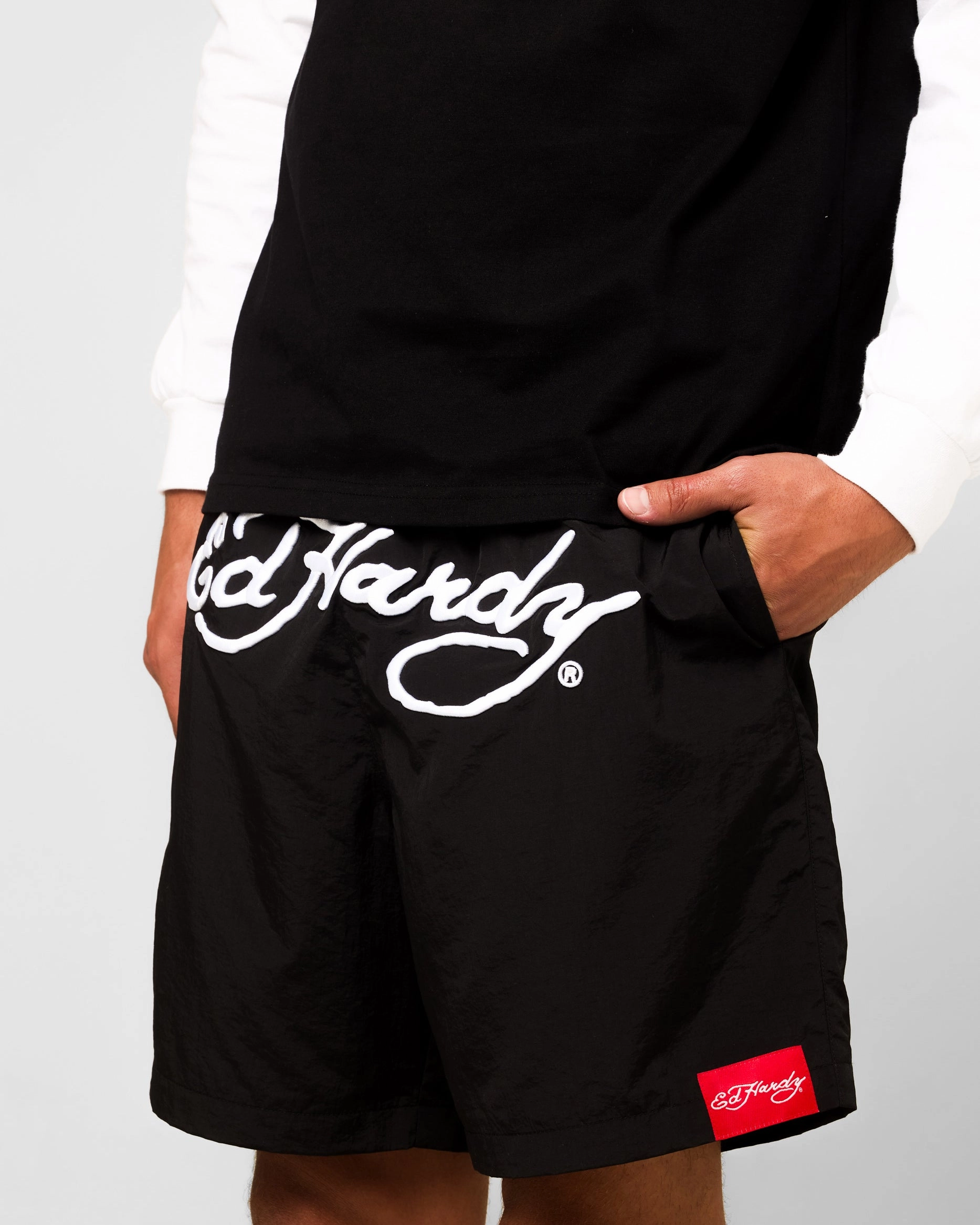 stripe design fishing outfit Ed Hardy Beach Shorts Black