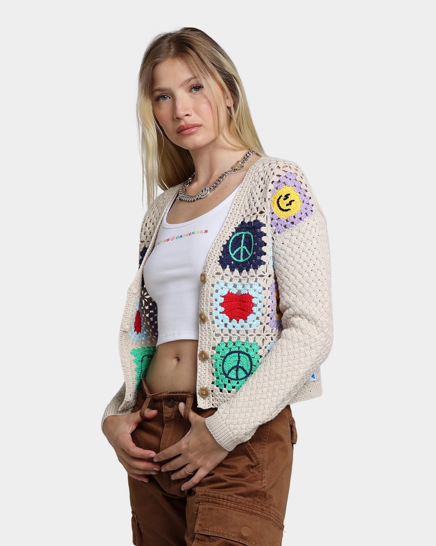GUESS Originals Women's GUESS Originals X J Balvin Crochet Cardigan Herb Tan Multi snowboarding Approach
