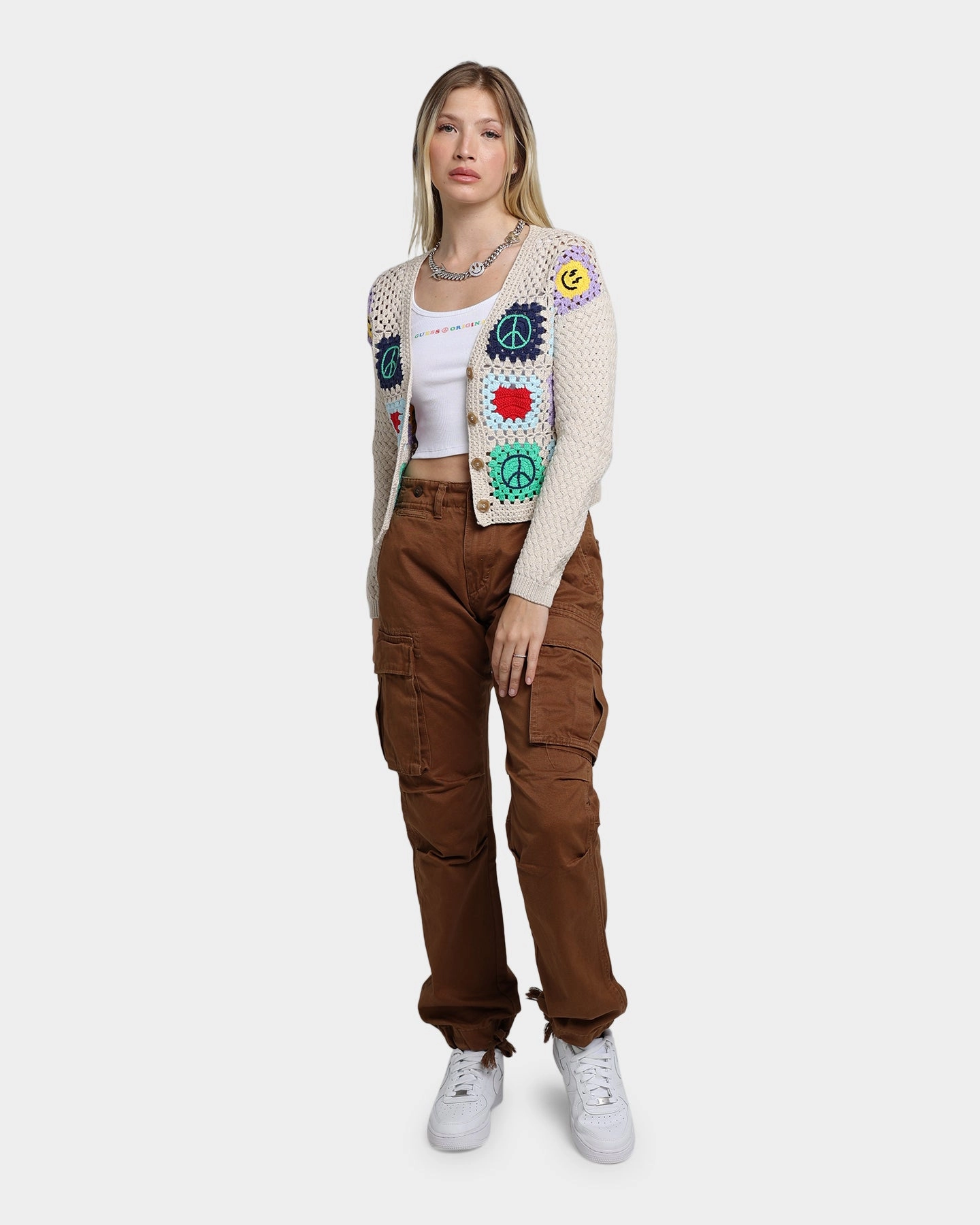 Office Comfort GUESS Originals Women's GUESS Originals X J Balvin Crochet Cardigan Herb Tan Multi