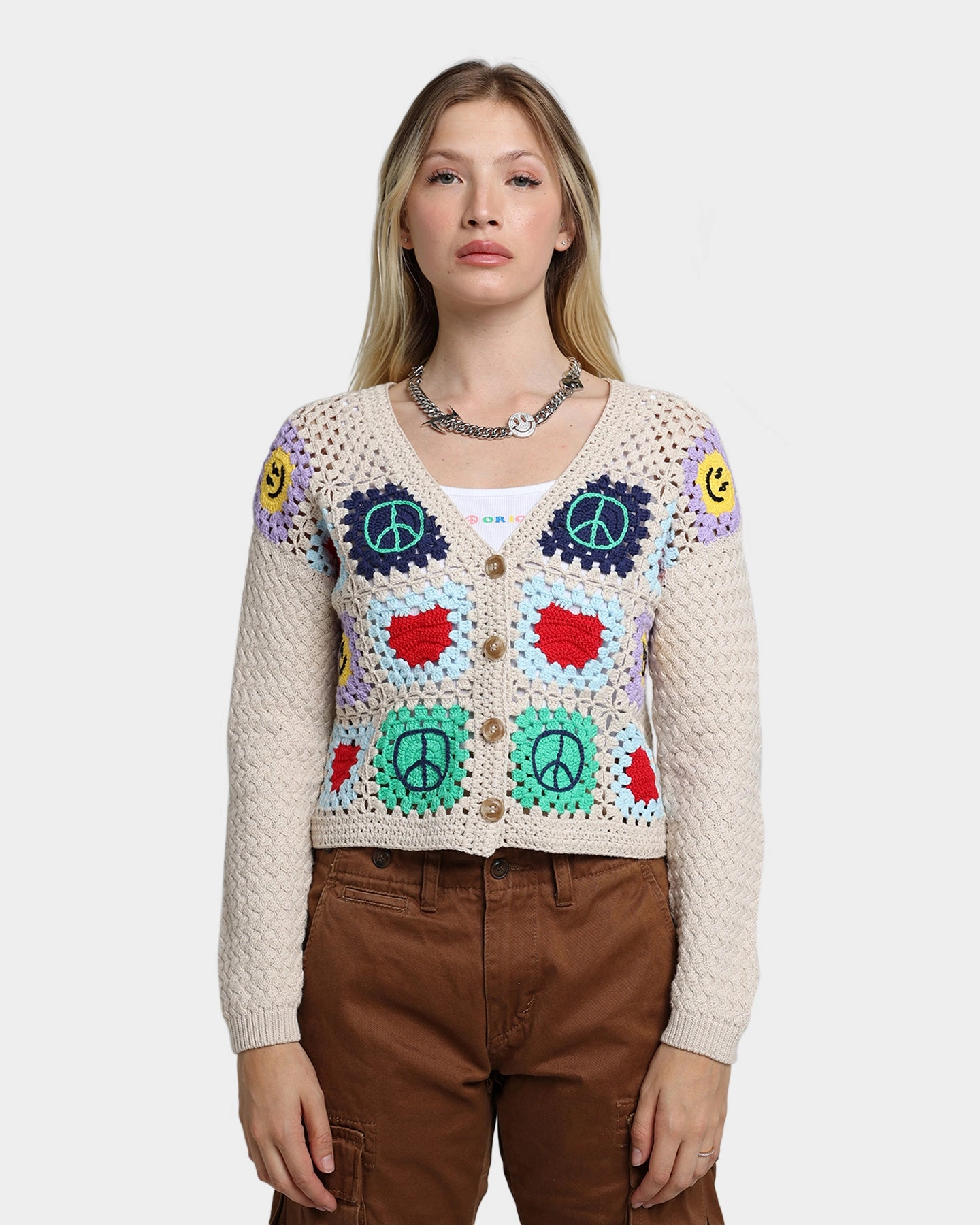 GUESS Originals Women's GUESS Originals X J Balvin Crochet Cardigan Herb Tan Multi Odor Resistant Treatment Assessment