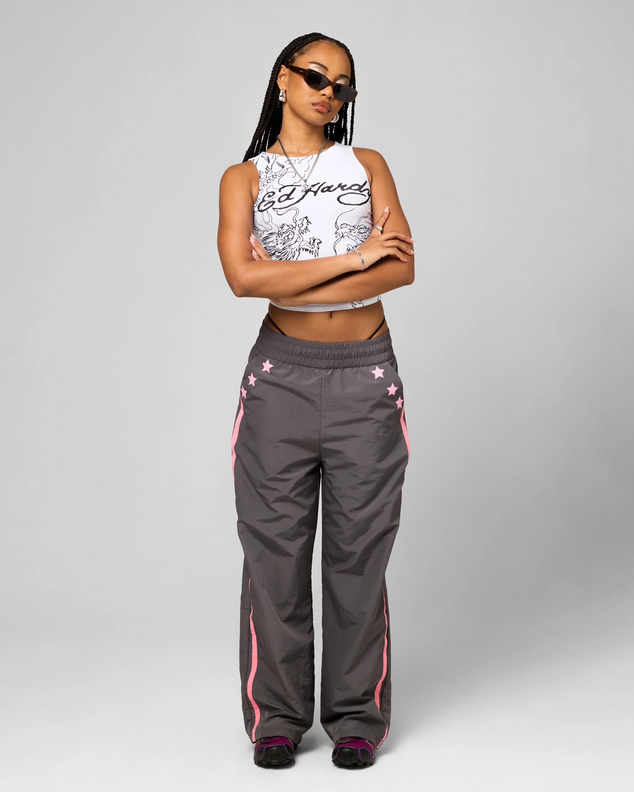 Ed Hardy Women's Nylon Sports Pant Grey/Pink Relaxed Style