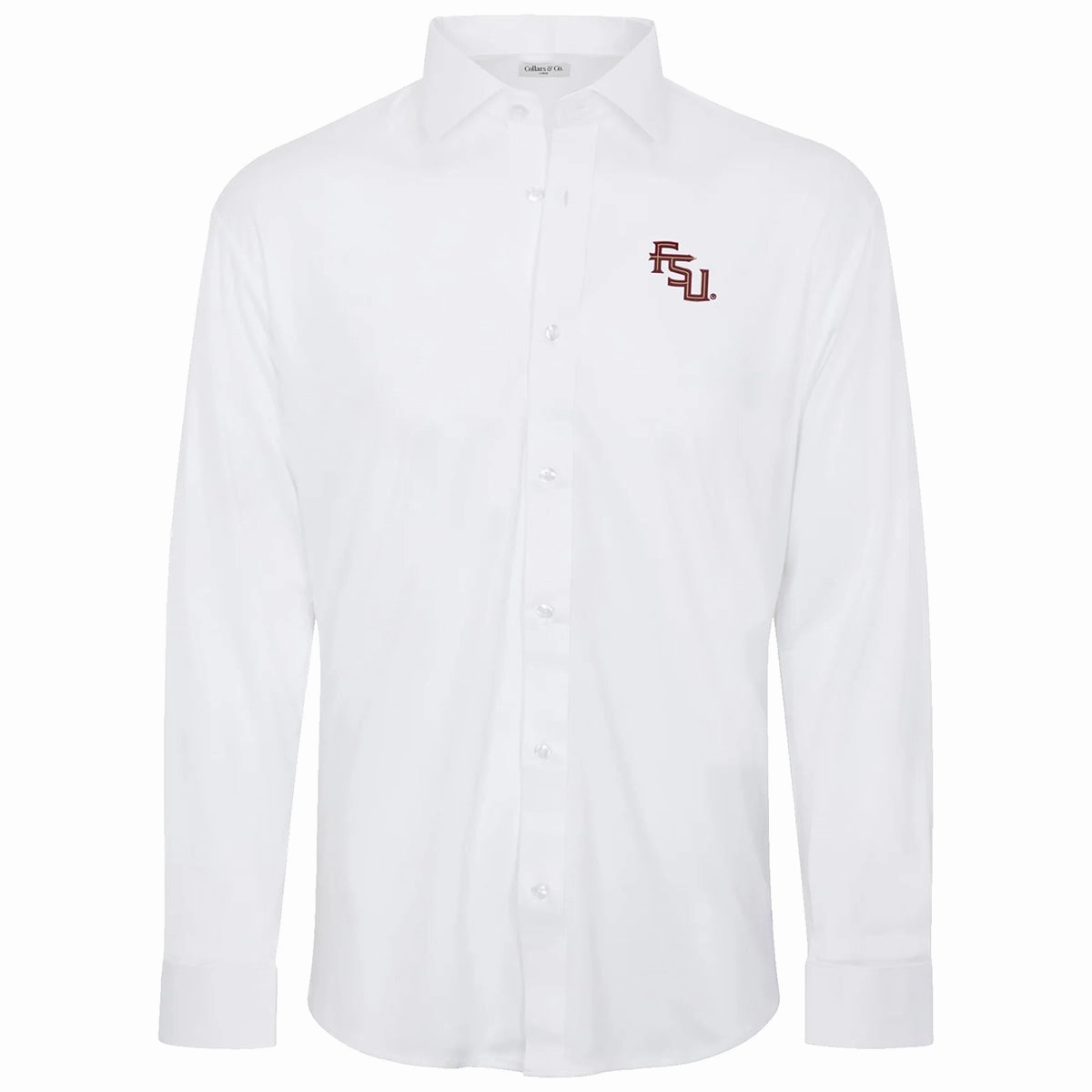 Collars and Co. Men's Stacked FSU Logo Flex Dress Shirt - White Patterned Design Lightweight Construction