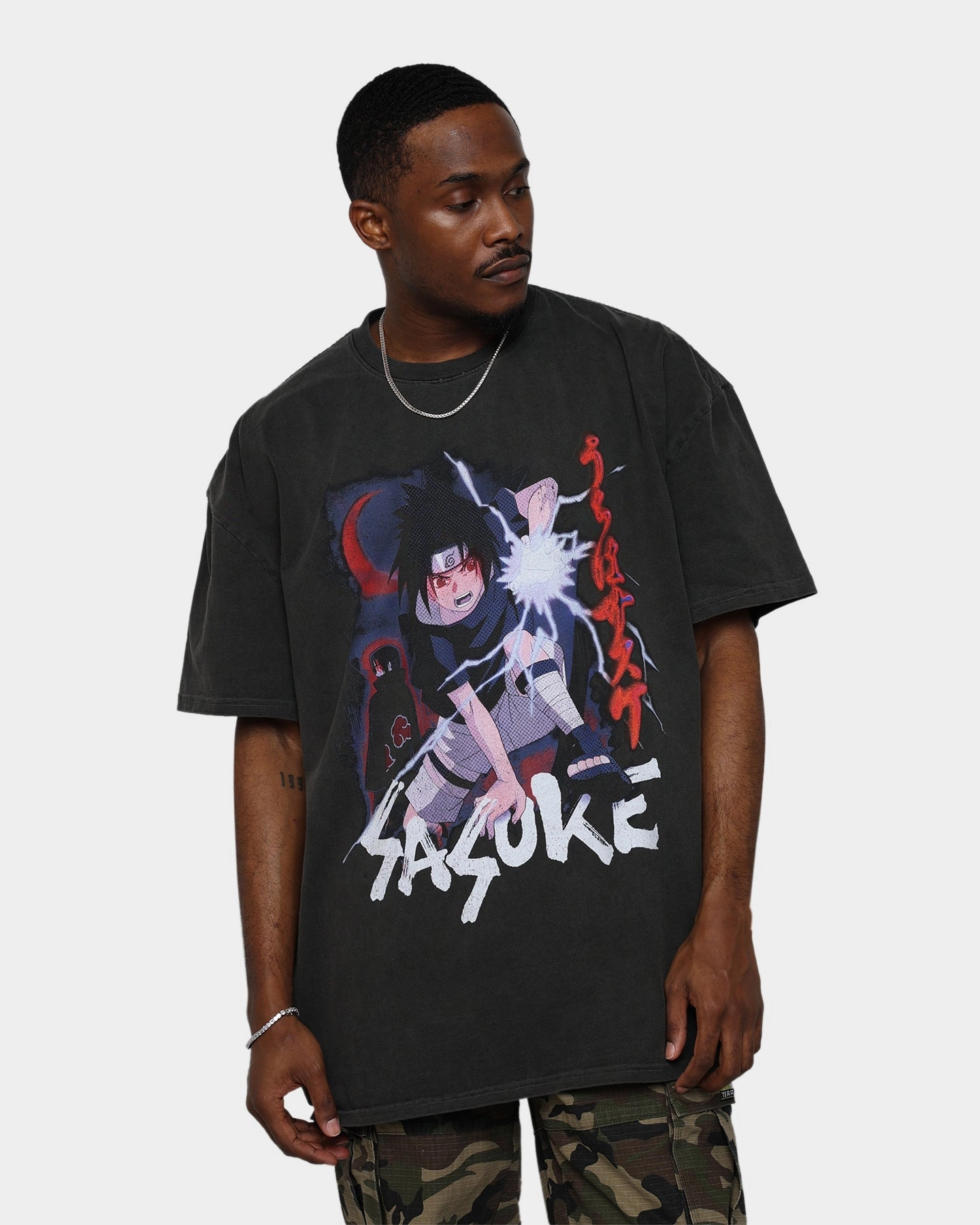 Relaxed Design Soft and Lightweight Goat Crew X Naruto Sasuke Heavyweight Vintage T-Shirt Black Wash