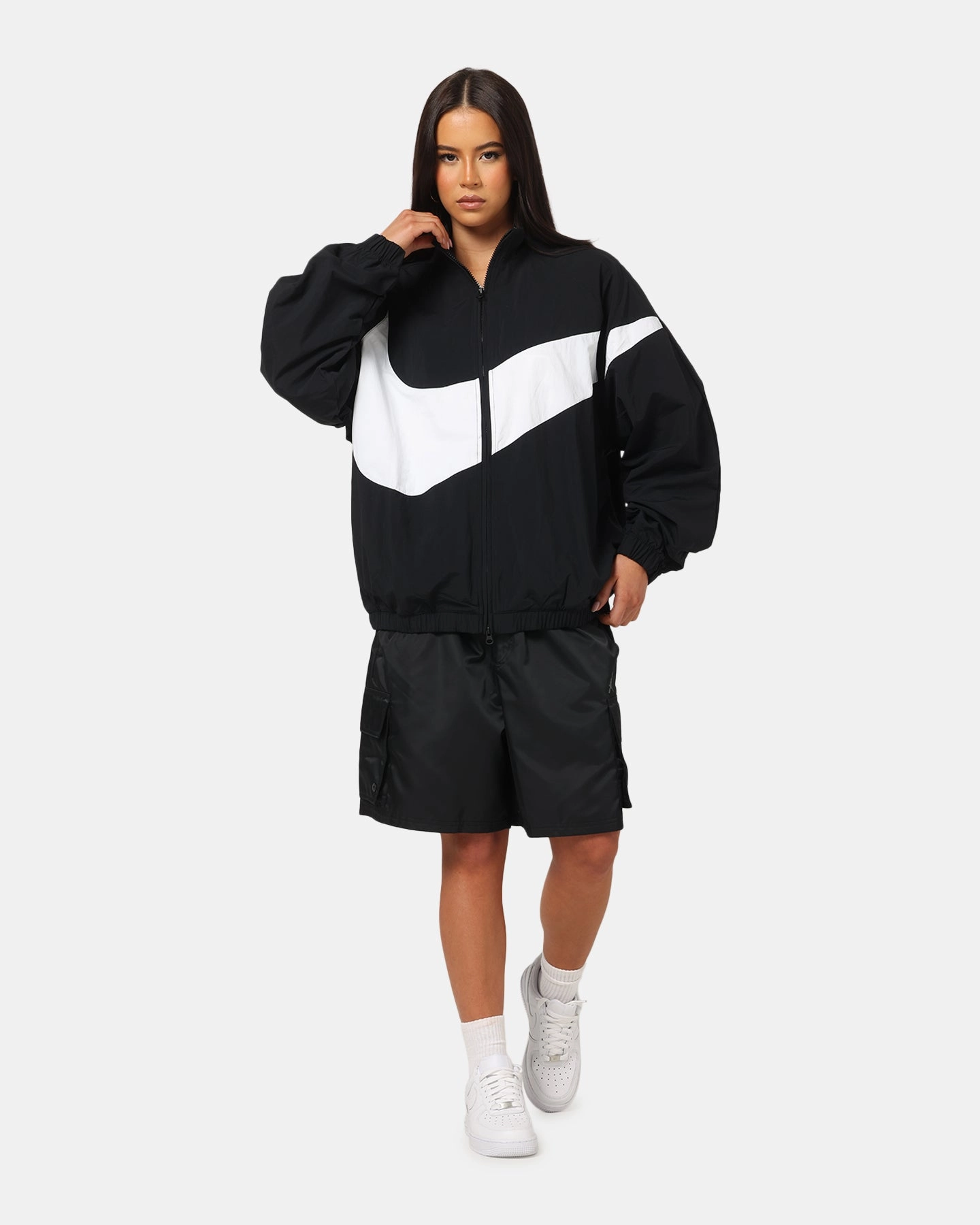 Light Reflective Weather resistant Nike Women's Sportswear Logo Oversized Track Jacket Black/Black/White