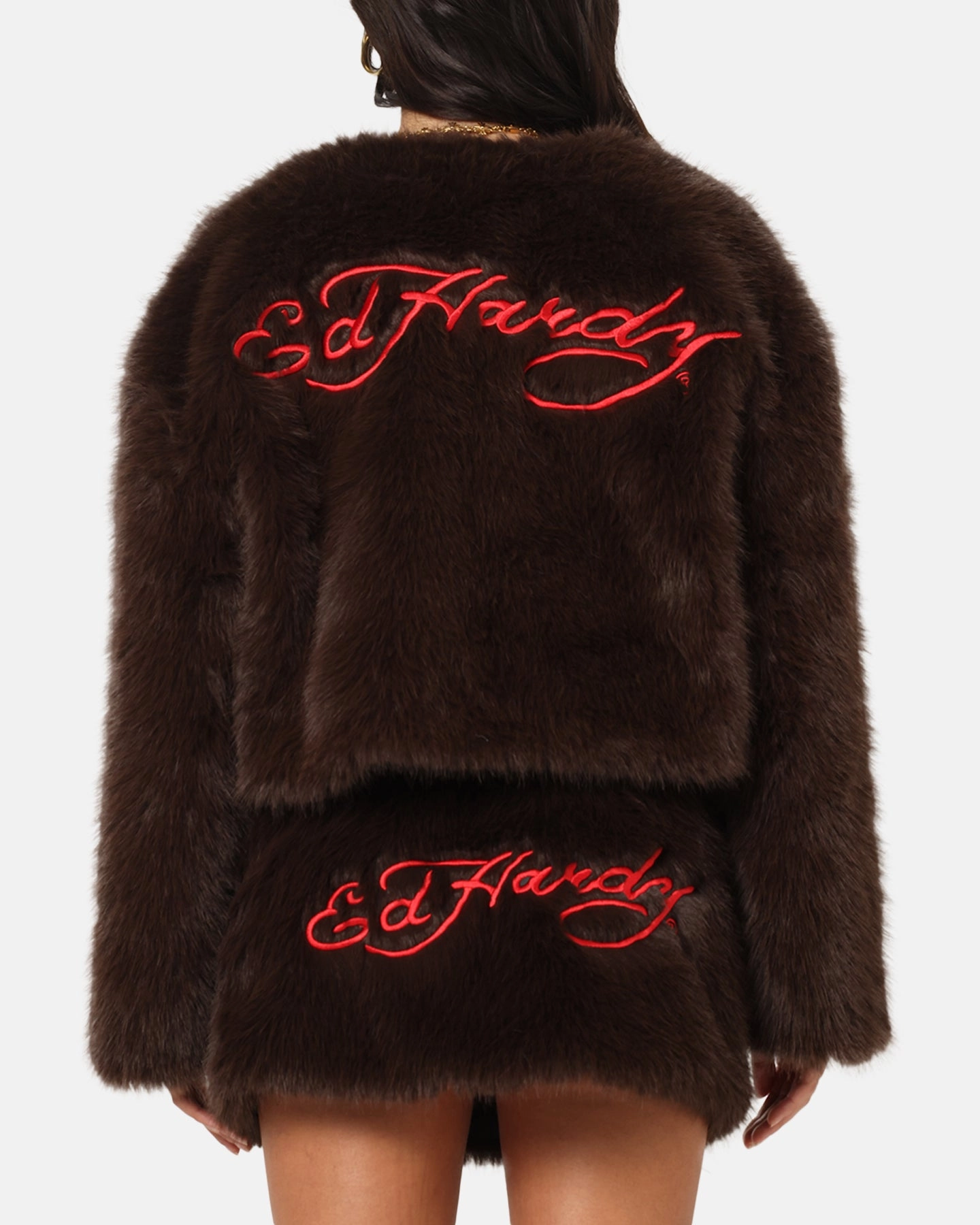 Ed Hardy Women's Faux Fur Jacket Brown Quilted Construction