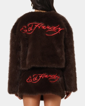 Ed Hardy Women's Faux Fur Jacket Brown Quilted Construction