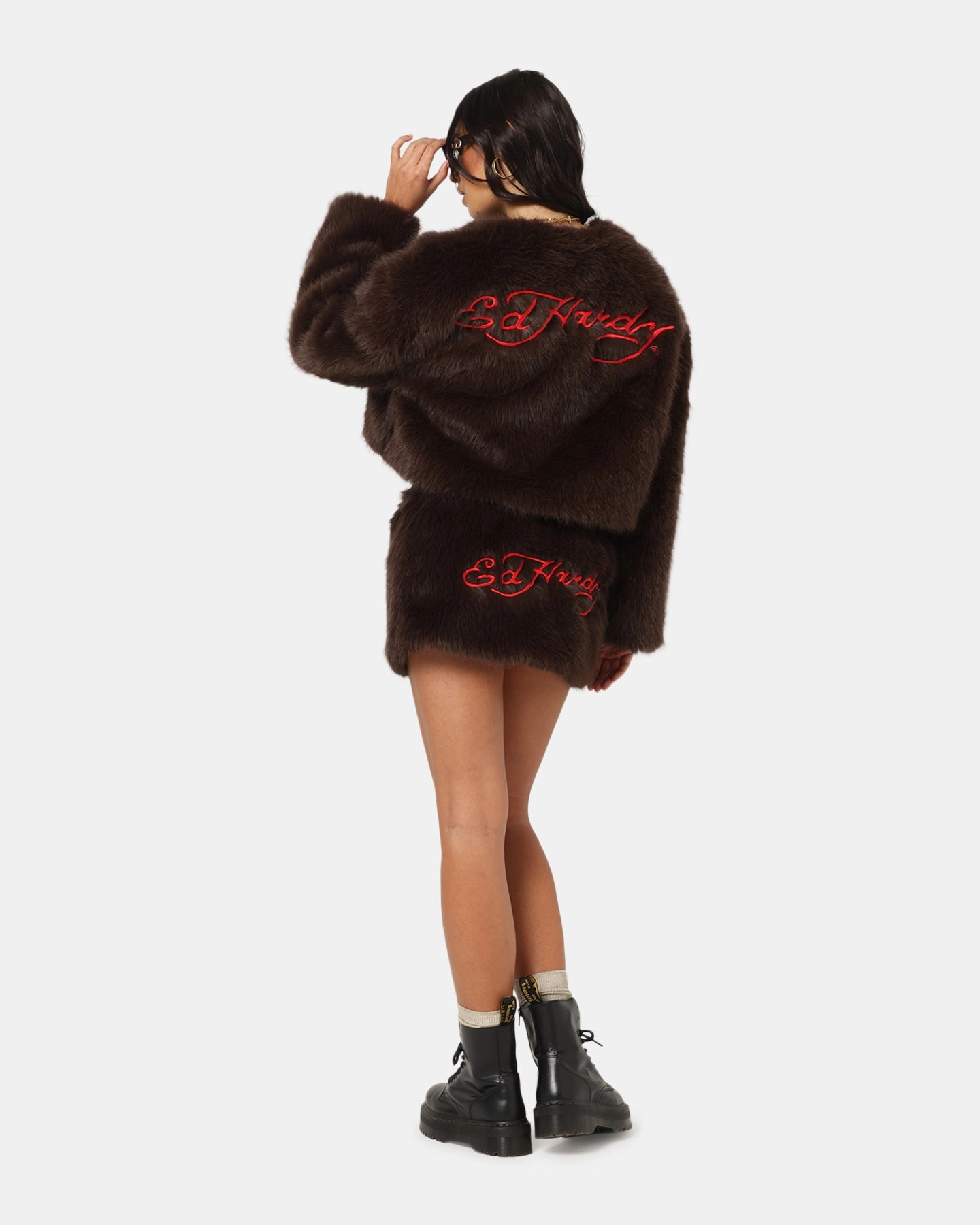 pattern - mixing Communicate Ed Hardy Women's Faux Fur Jacket Brown