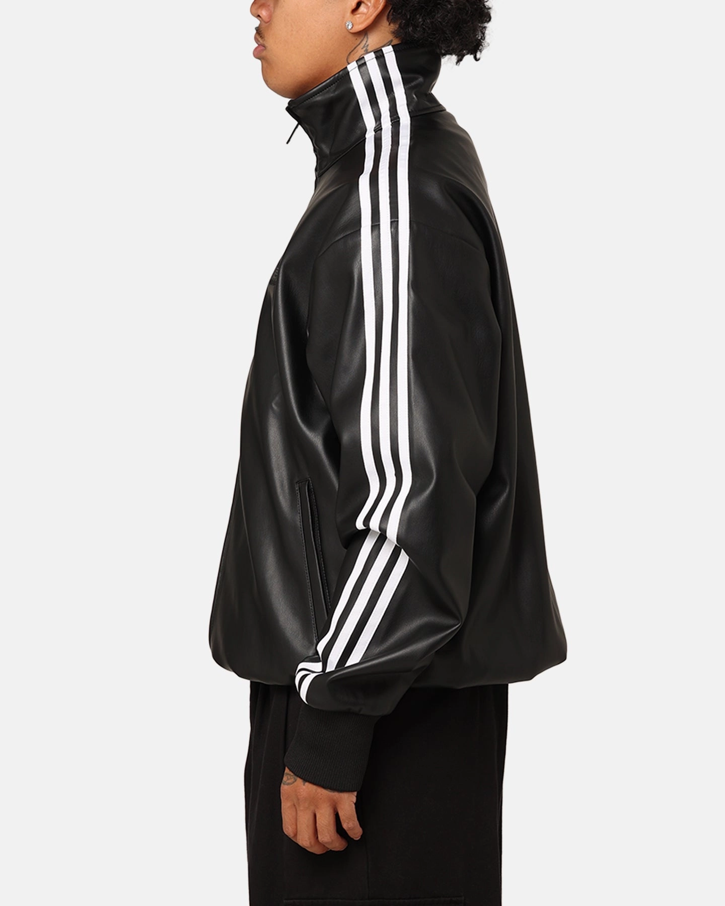 Adidas Faux Leather Adicolour 3-Stripes Loose Firebird Tracksuit Jacket Black Retro Cold Weather Wear
