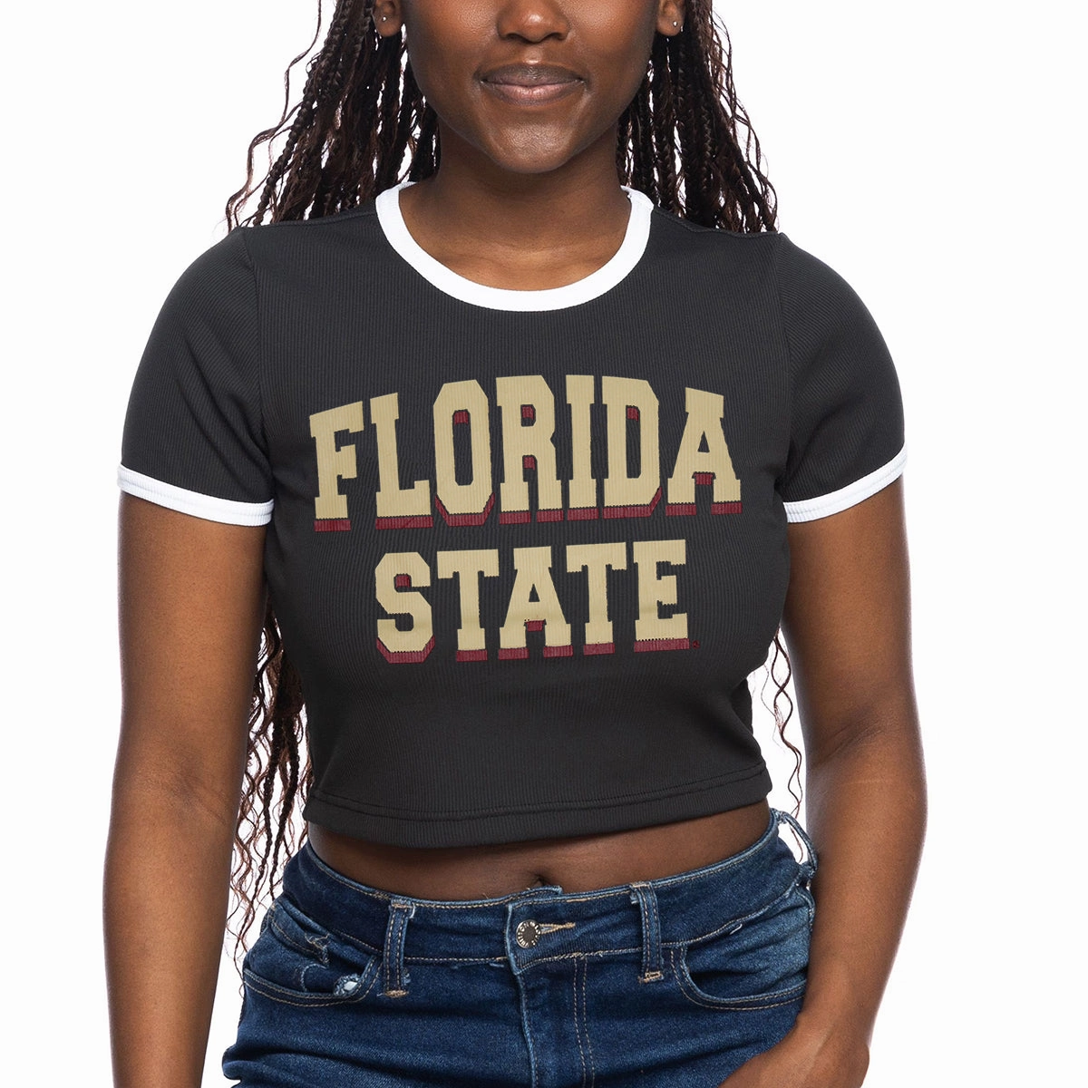 Fashion-Forward Look ZooZatz Women's Florida State Short Sleeve Crop Ringer Baby T-shirt - Black