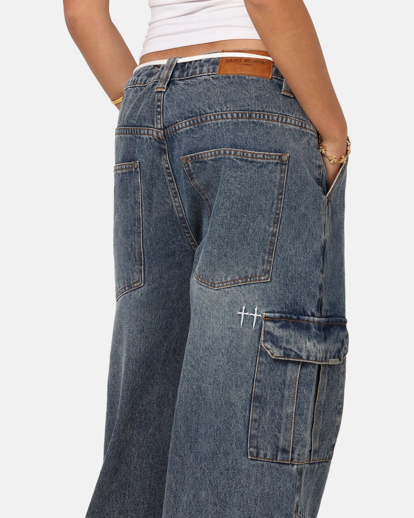 Saint Morta Gothic Denim Cargo Pants Dirty Denim Cozy Stretch Zip-off legs