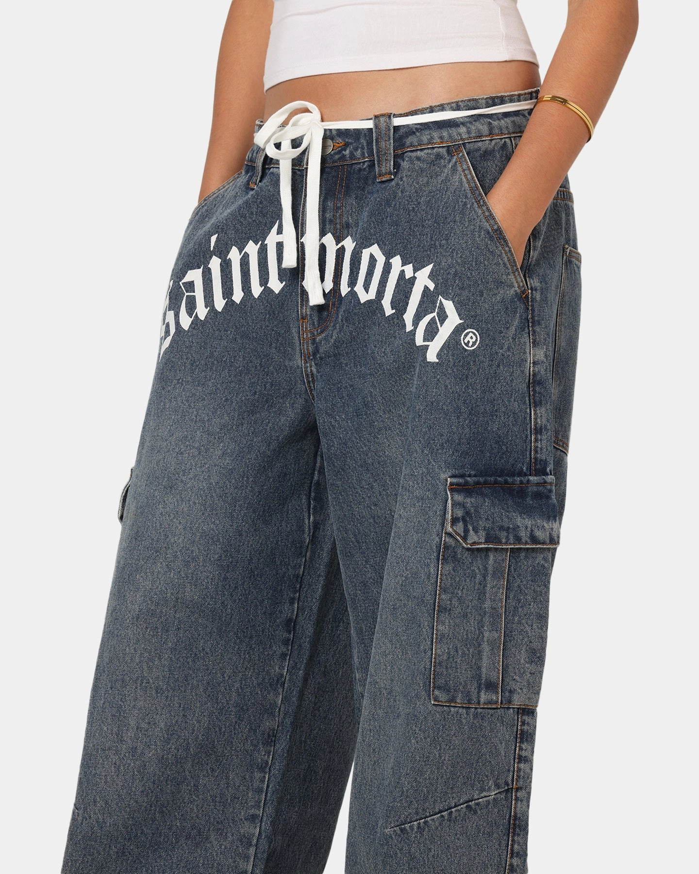 Saint Morta Gothic Denim Cargo Pants Dirty Denim Quick Conversion Hem OdorResistantTreatment