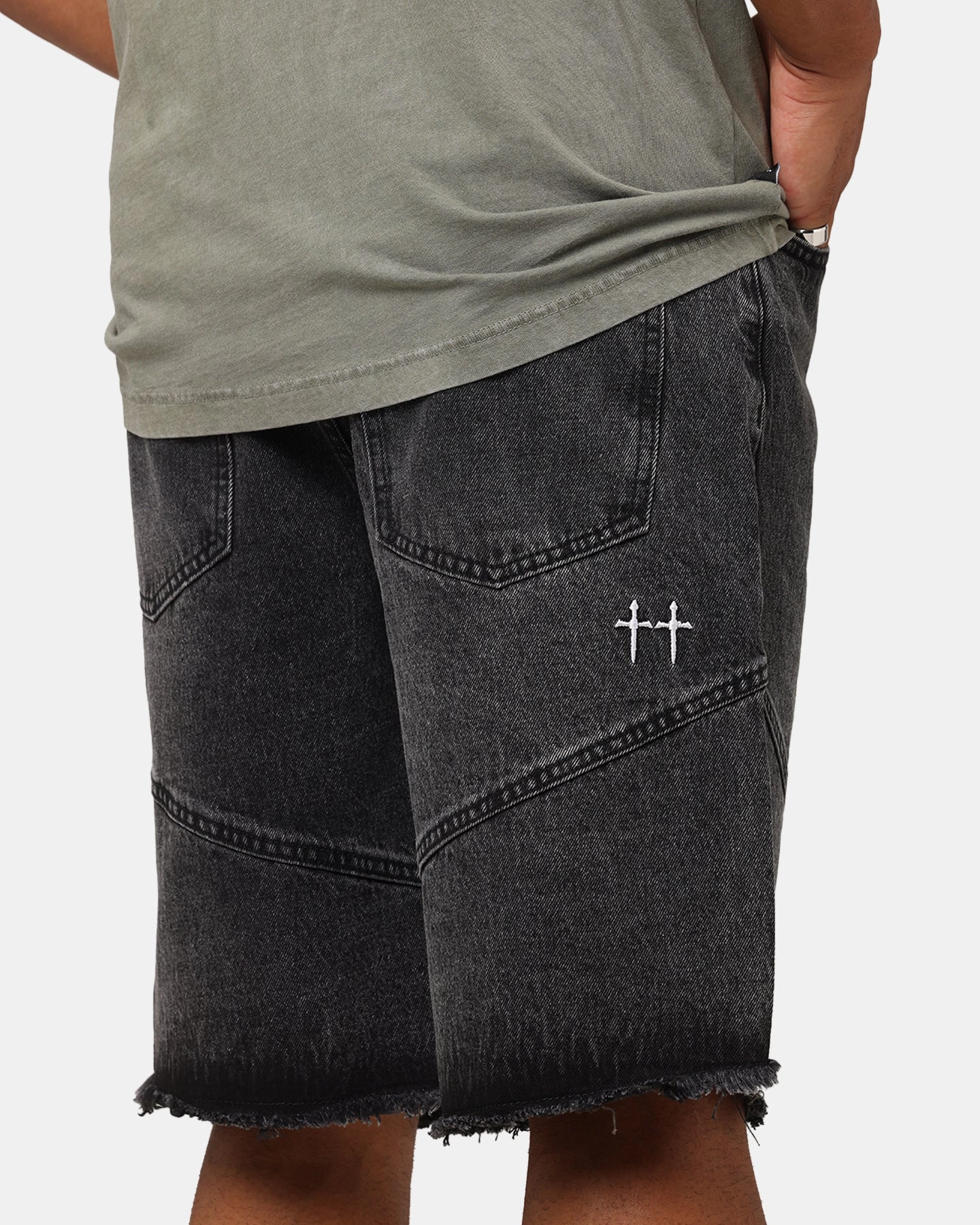Saint Morta Armoury Baggy Denim Shorts Black Shadow Warm Fit Faux Leather