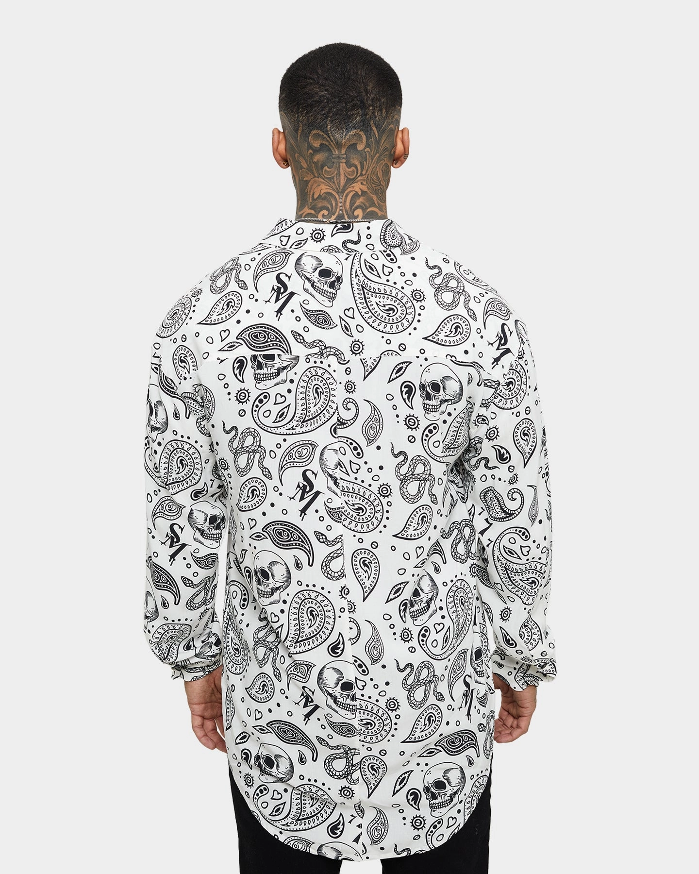 Corporate Retreat Saint Morta Paisley Skulls Long Sleeve Button Up Shirt White/Black
