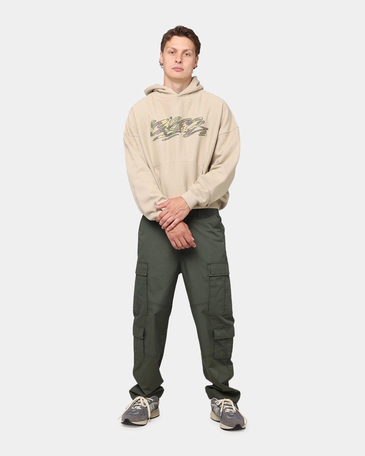 Carre Camo Script Hoodie Stone group use