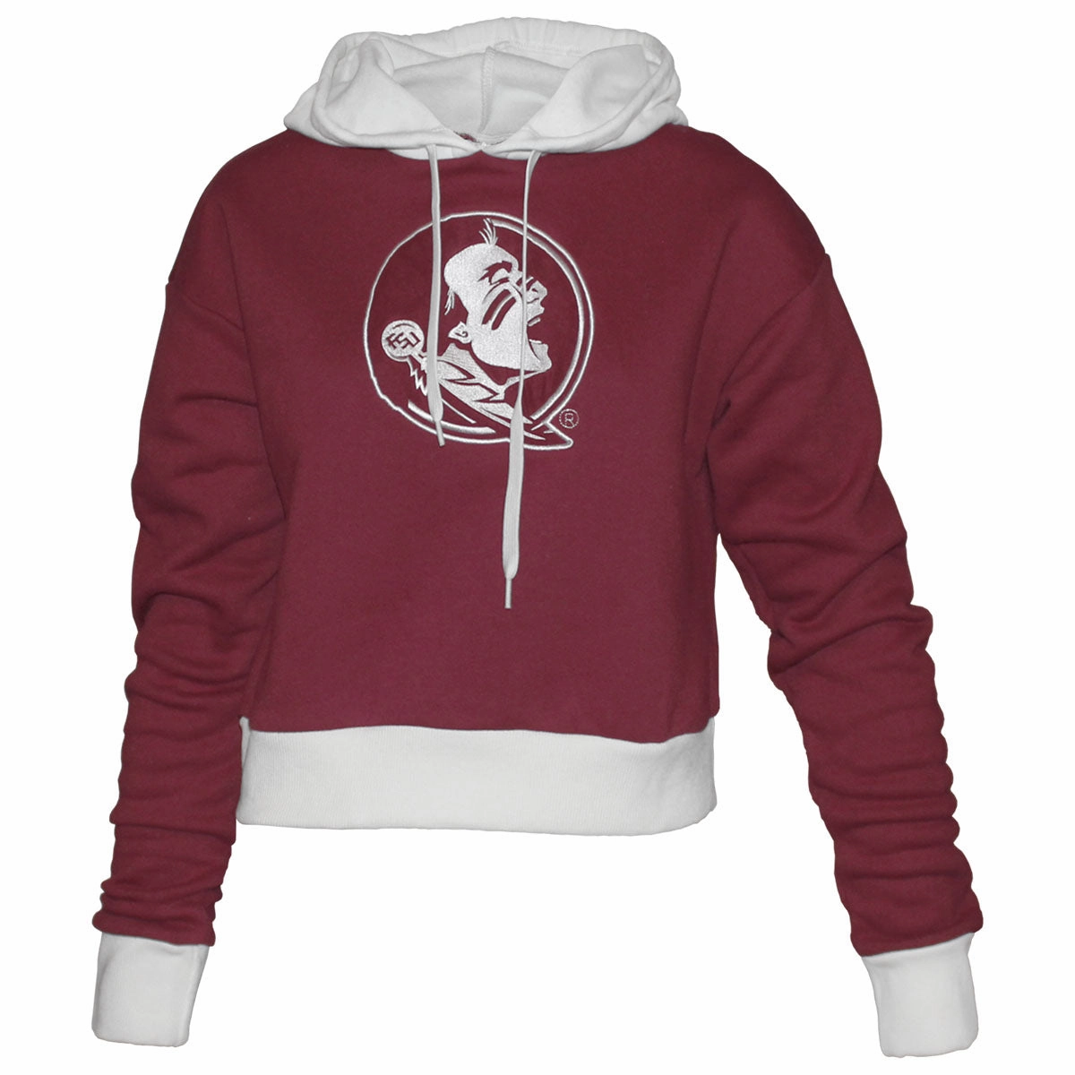 Emerson Street Women's Seminole Logo Crop Hood - Garnet/White horizontal placement Adjustable Hem