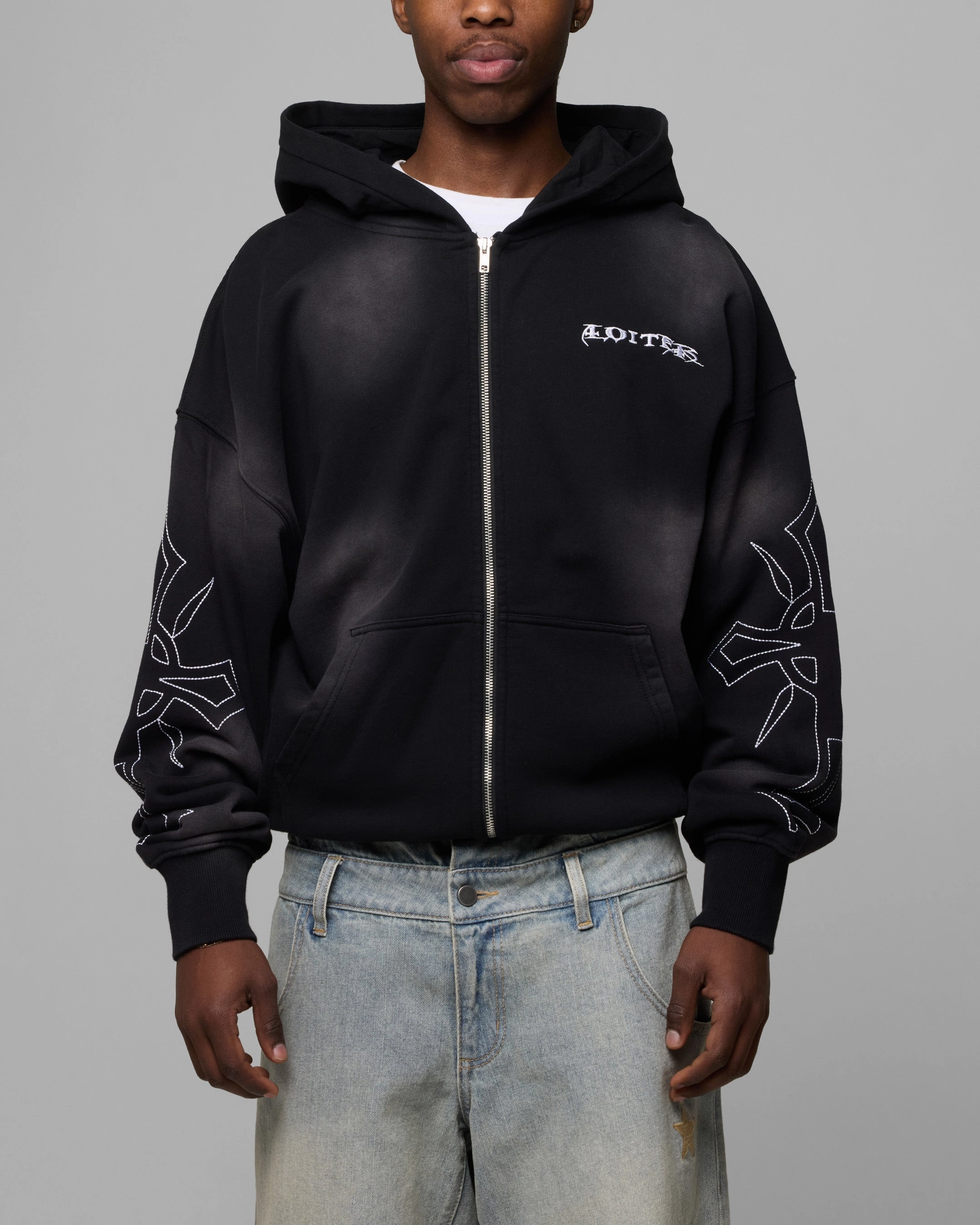 Loiter Atmosphere Full Zip Hoodie Vintage Black Breathable Material camouflage color