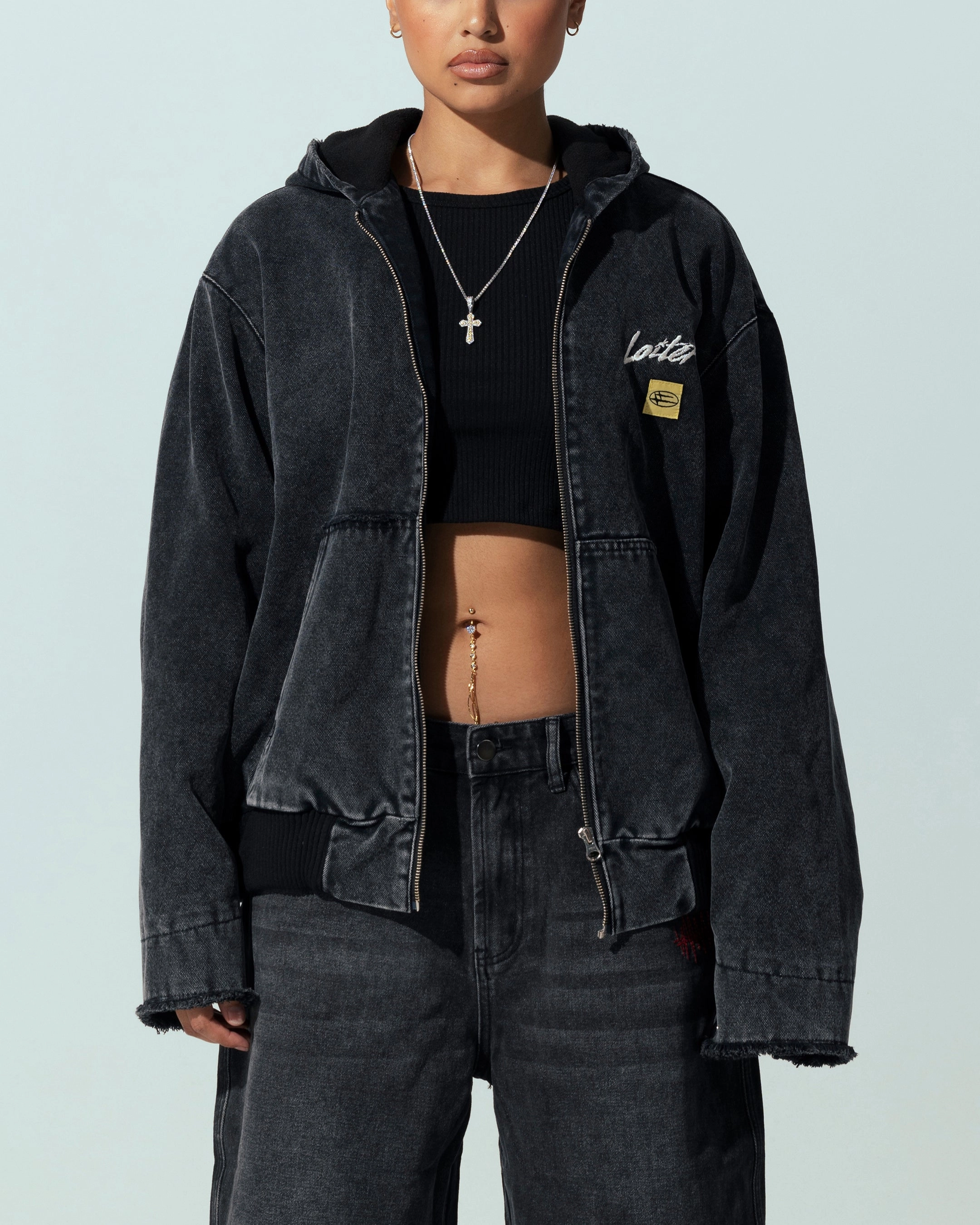 Loiter Workwear Zip Jacket Vintage Black AdjustableHood Luxury
