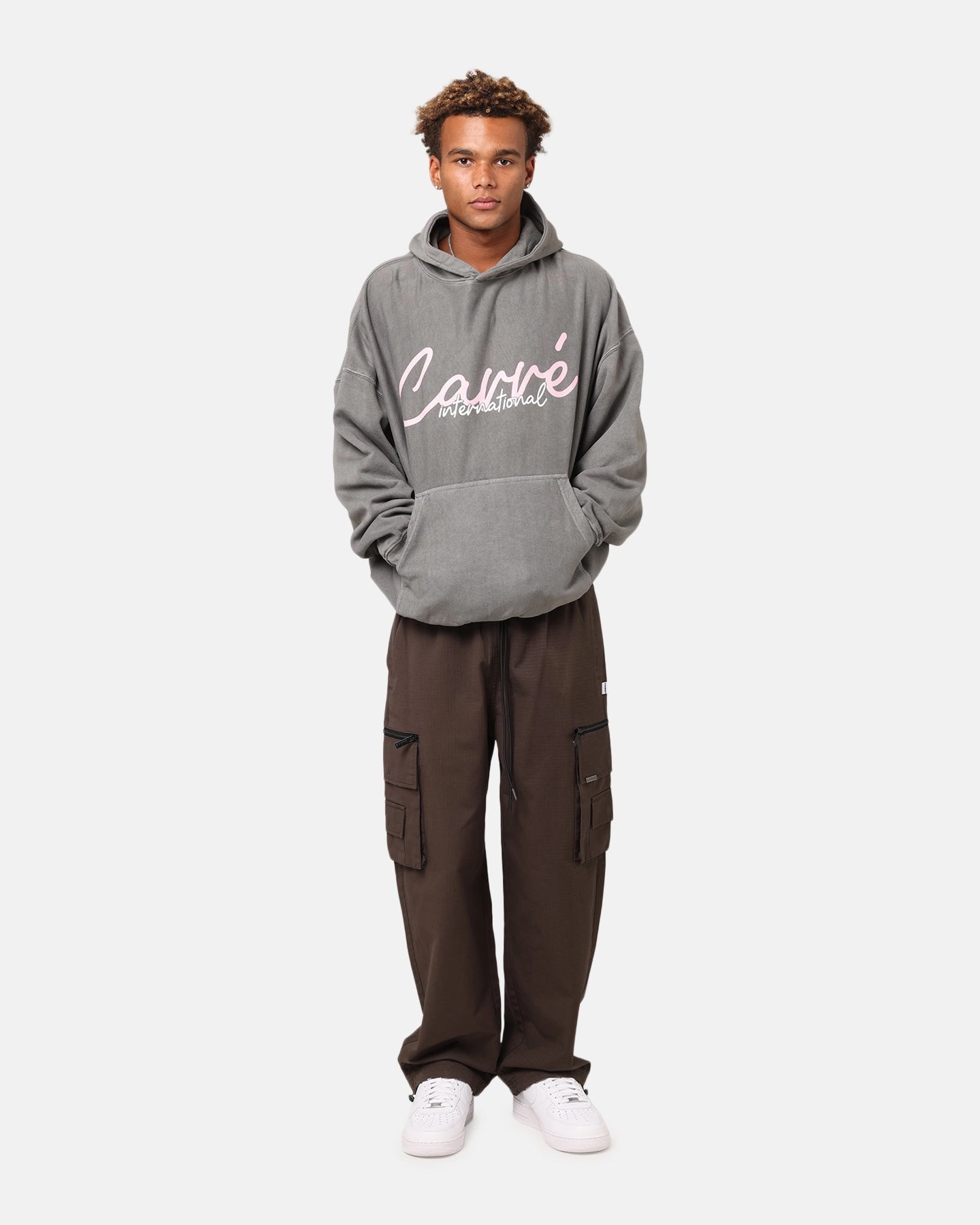 Carre International Script Hoodie Washed Charocal day operation Layered construction